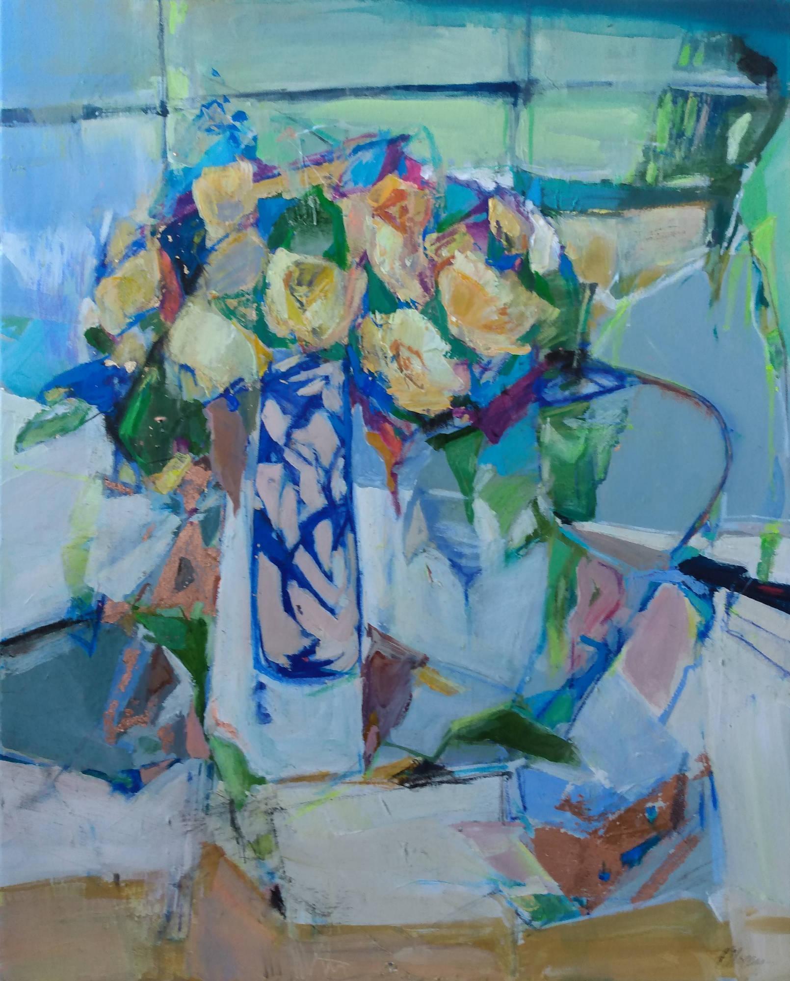 Still-Life Painting Magdalena Morey - Vase peint à la main-peinture florale abstraite originale-nature morte contemporaine