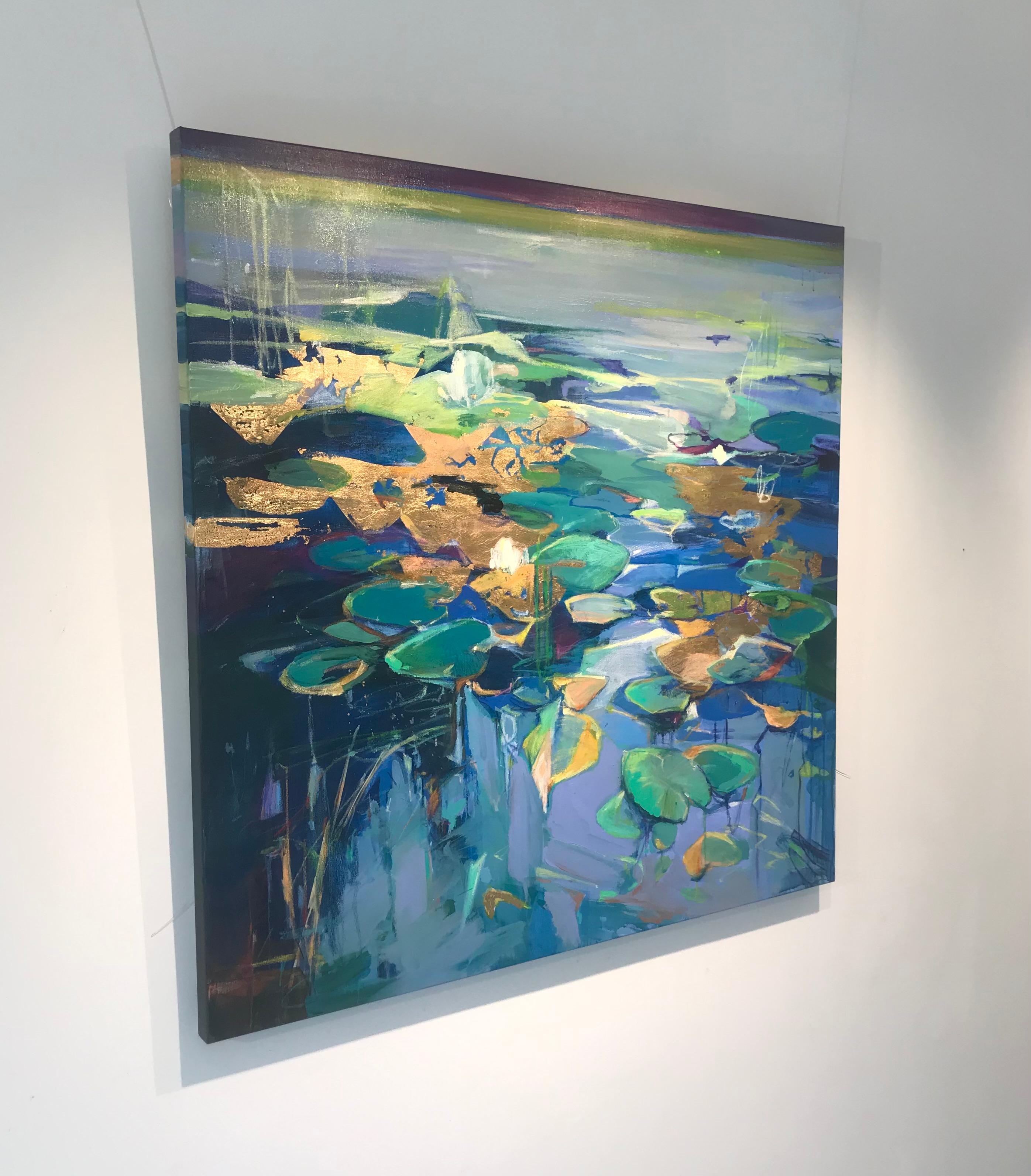 Riflessi liquidi - pittura di paesaggio floreale espressionista astratta - arte moderna - Painting di Magdalena Morey