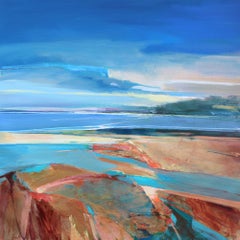 « Nadir of the Tide 1 » - Peinture abstraite à l'acrylique d'un paysage bleu, vert et rouge