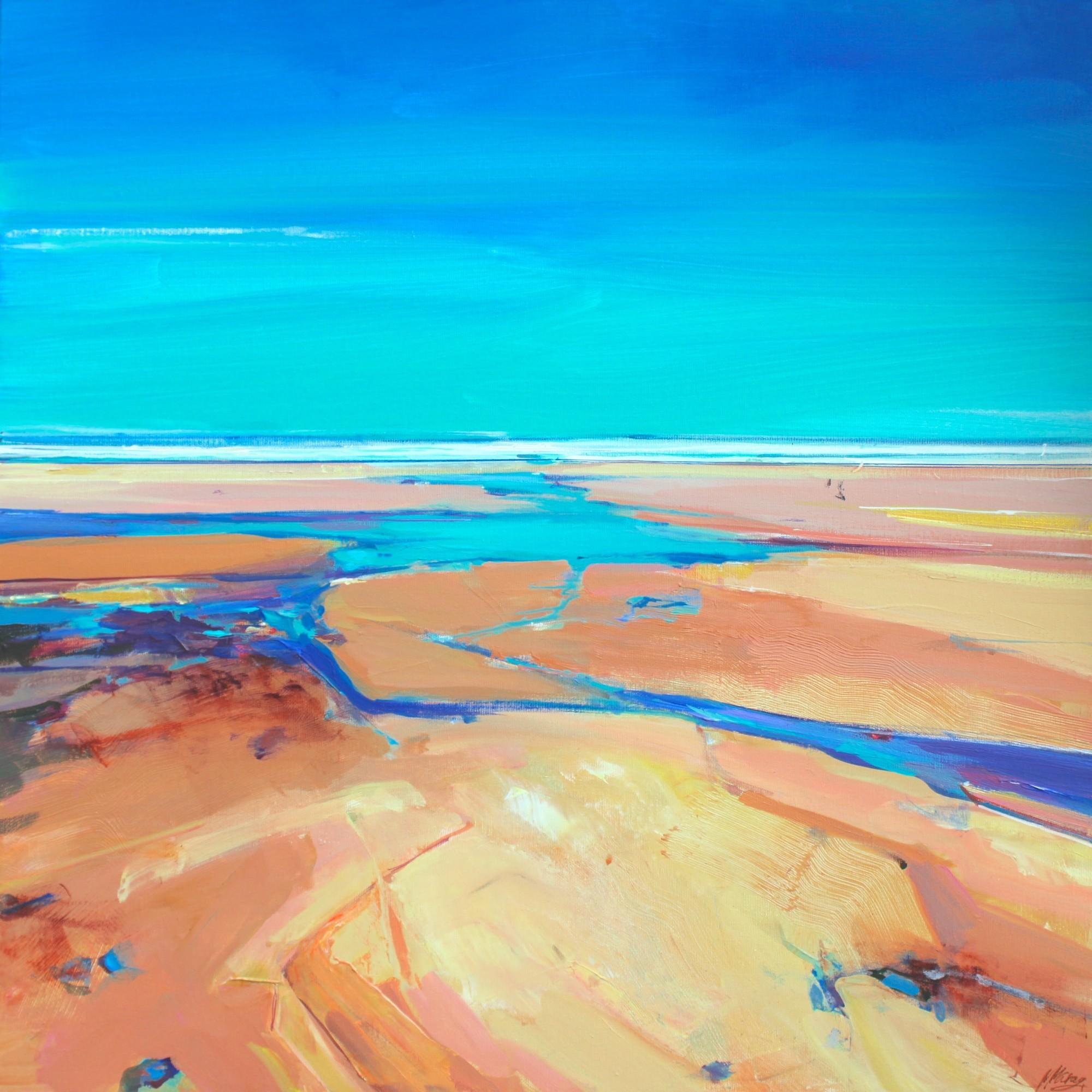 Magdalena Morey Landscape Painting - "Nadir of the Tide 3" Acrylic abstract landscape in light blues and yellow