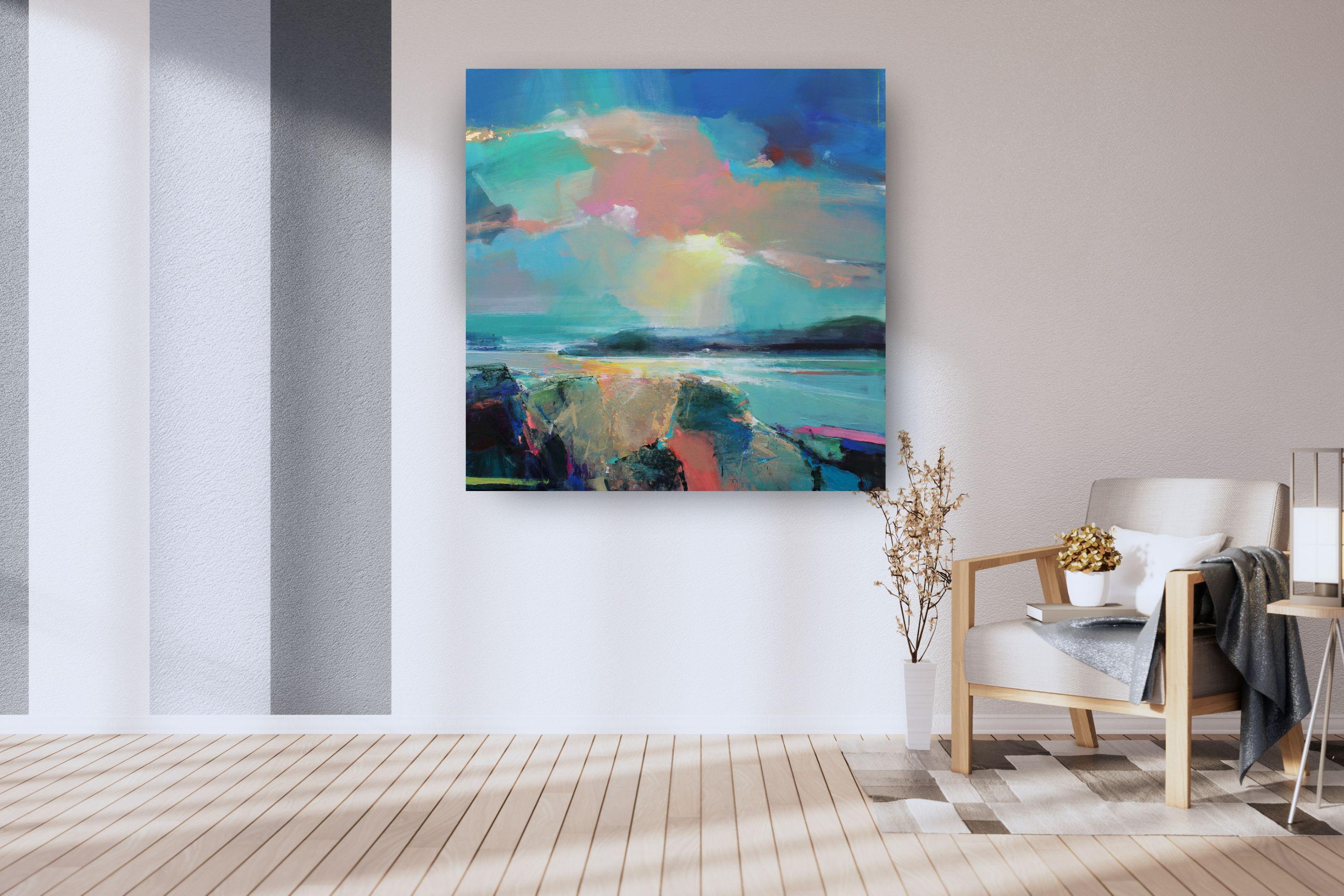 Warm Skies 5-Original abstract coastal seascape oil painting-contemporary Art - Blue Abstract Painting by Magdalena Morey