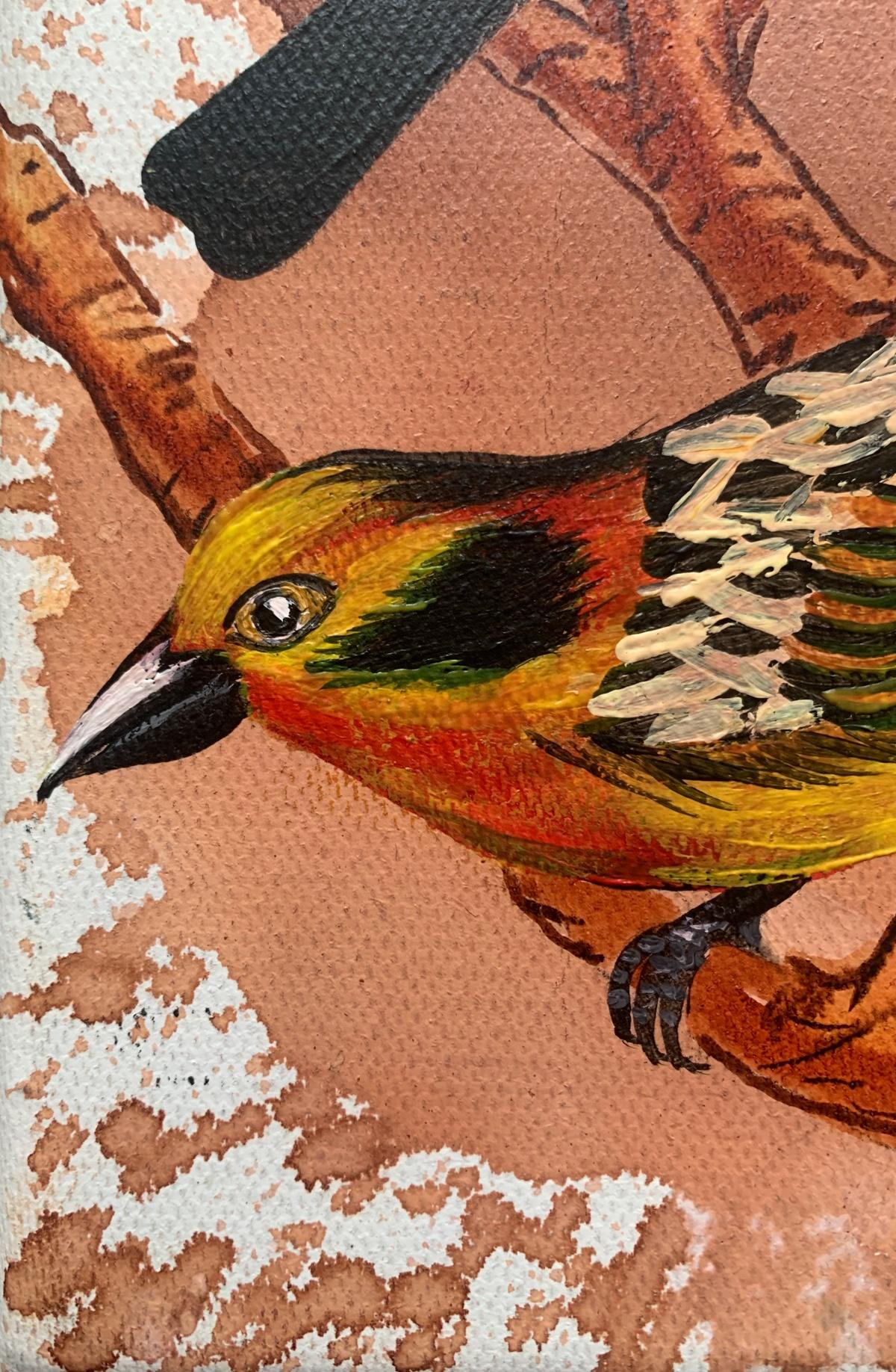 Pájaros 5. Pintura al óleo figurativa a pequeña escala, Realista, Animales, Arte polaco - Animal Painting Marrón de Magdalena Nałęcz