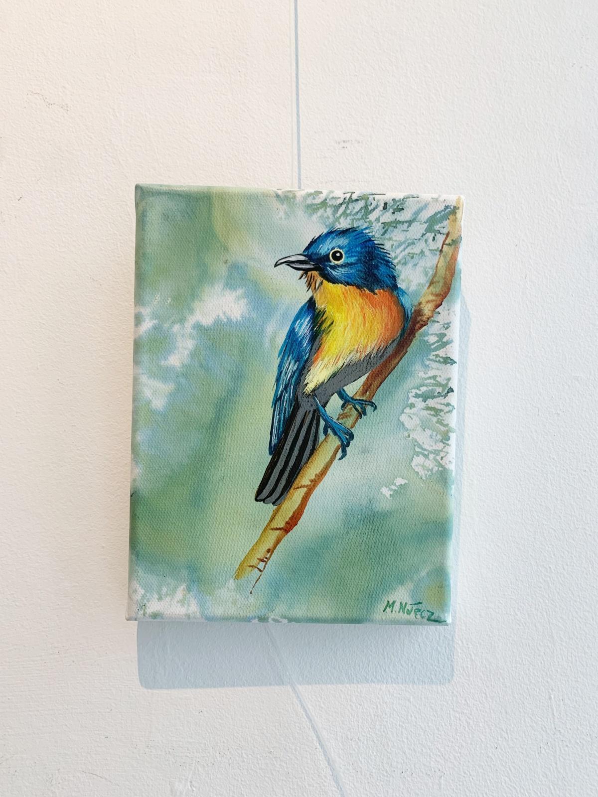Pájaros 7. Pintura al óleo figurativa a pequeña escala, Realista, Animales, Arte polaco - Painting de Magdalena Nałęcz