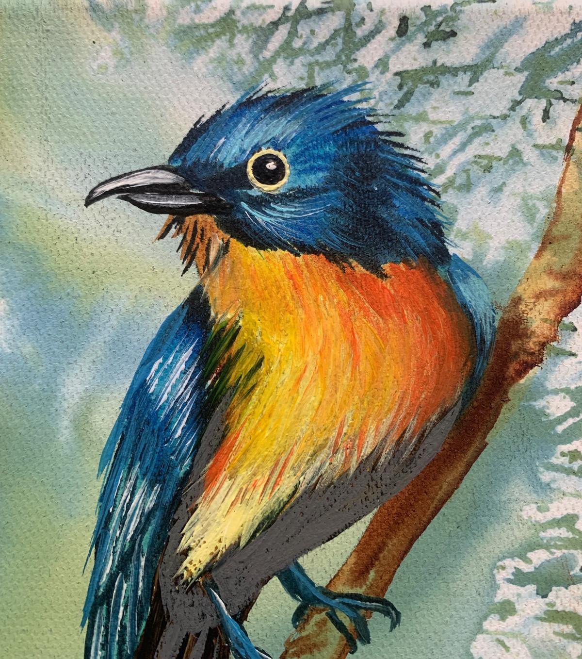 Pájaros 7. Pintura al óleo figurativa a pequeña escala, Realista, Animales, Arte polaco - Painting Contemporáneo de Magdalena Nałęcz