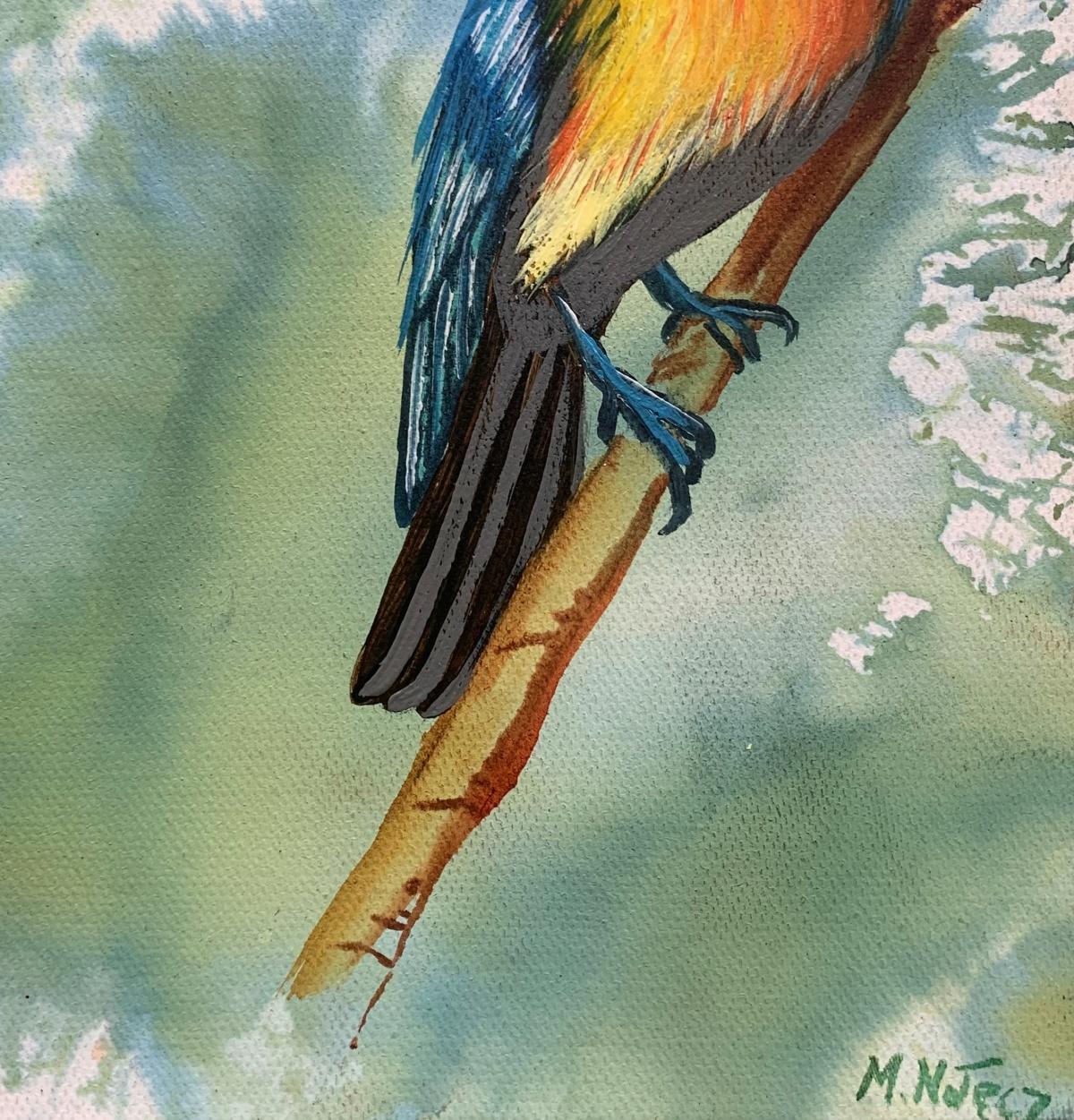 Pintura figurativa contemporánea al óleo sobre lienzo, a pequeña escala, de la artista polaca Magdalena Nalecz.La obra representa un pájaro sobre un fondo abstracto.  

Magdalena Nałęcz (n. 1970) Se licenció en la Academia de Bellas Artes de