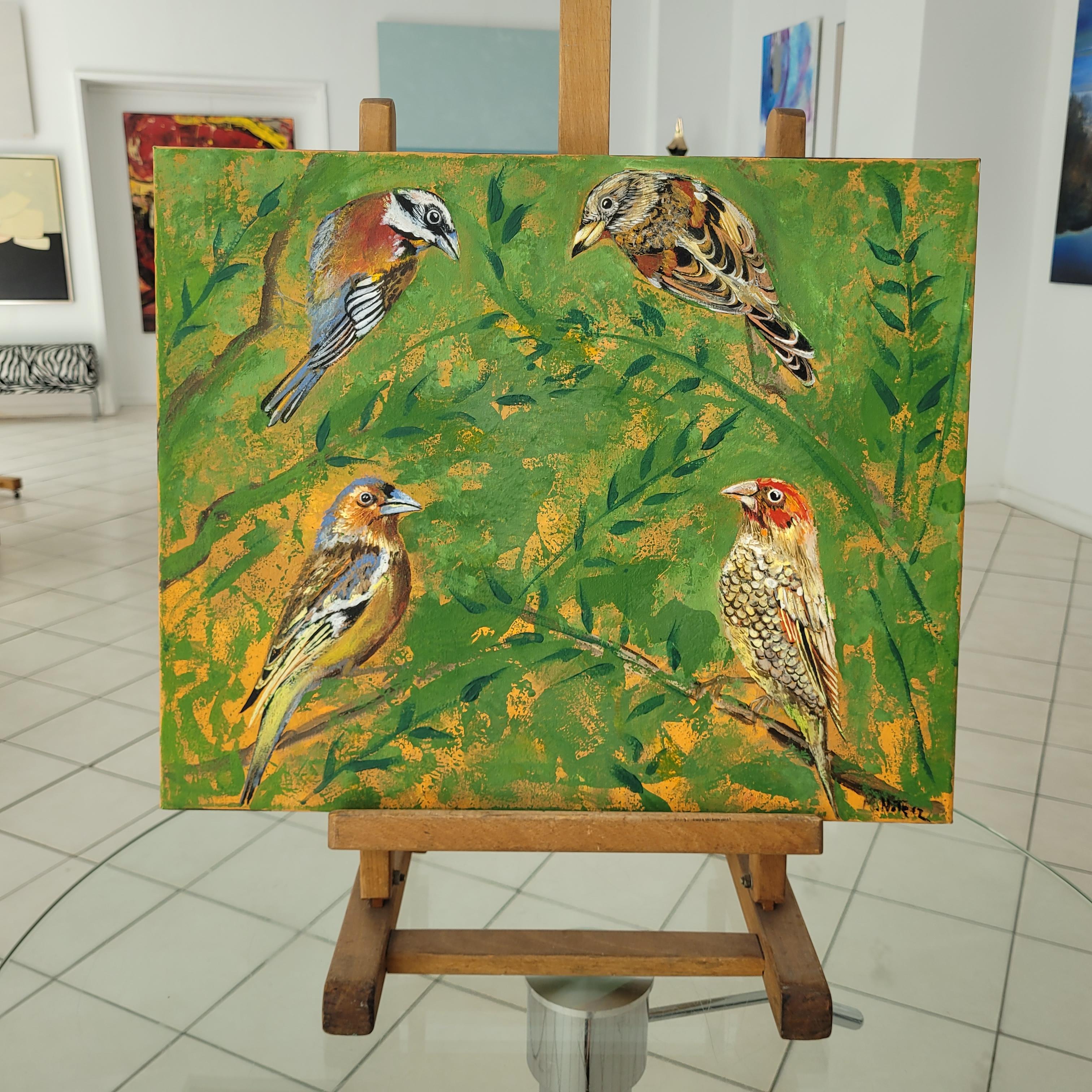 Jardins des délices 27 - Peinture acrylique figurative Animaux Couleurs vives Oiseaux en vente 2