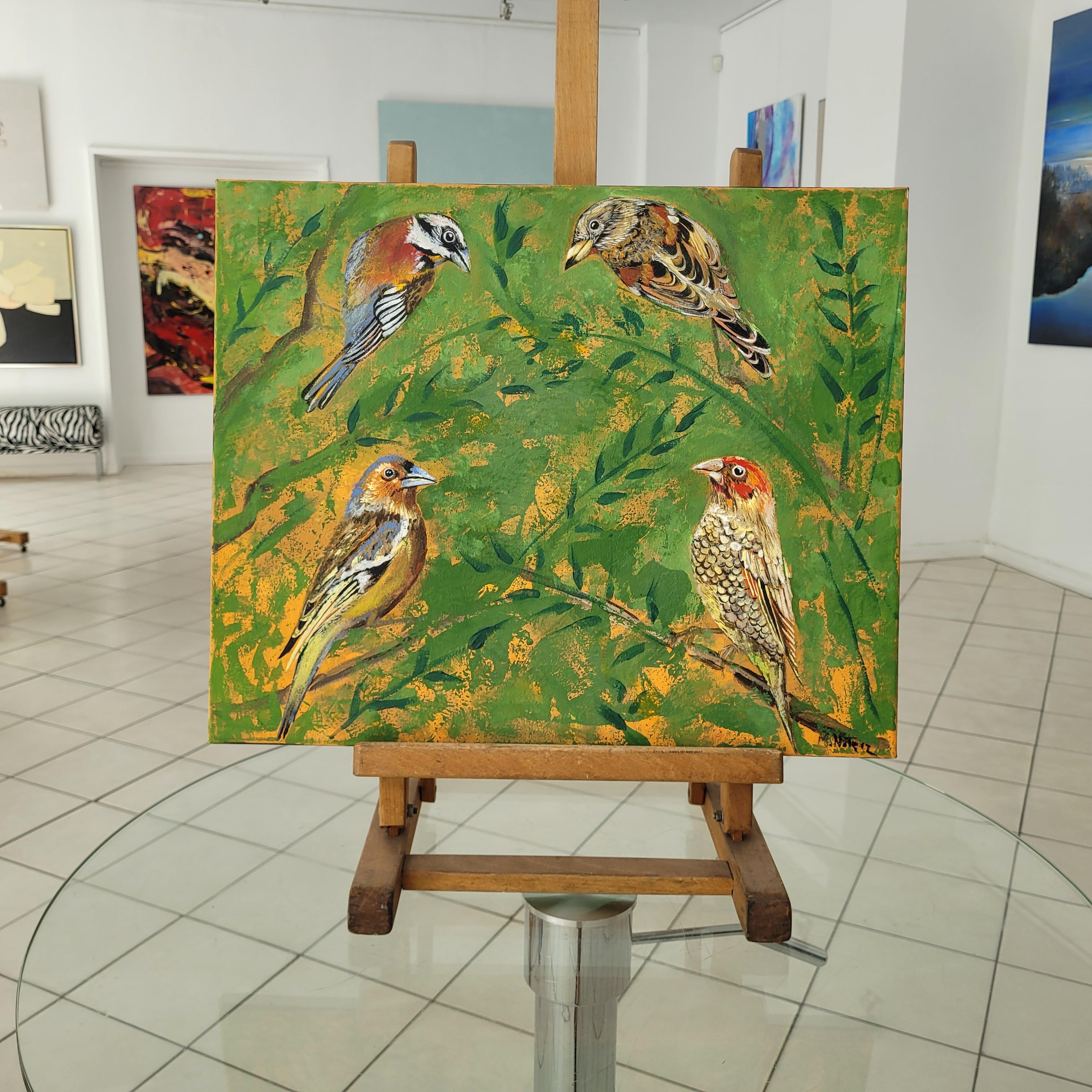 Jardins des délices 27 - Peinture acrylique figurative Animaux Couleurs vives Oiseaux en vente 3