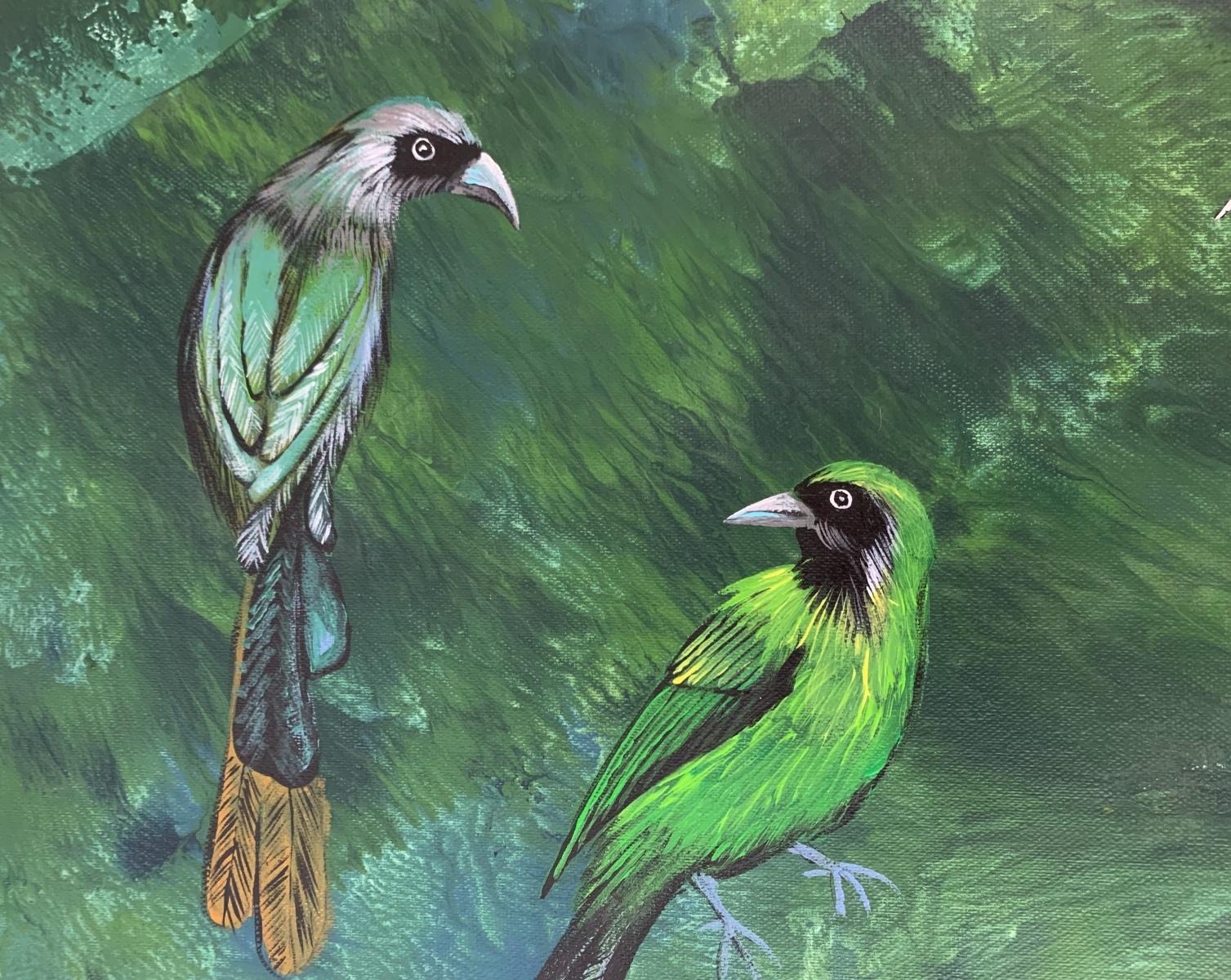 Jardines de las Delicias 28. Pintura acrílica figurativa, Animales, Pájaros, Arte polaco - Figurative Painting Azul de Magdalena Nałęcz