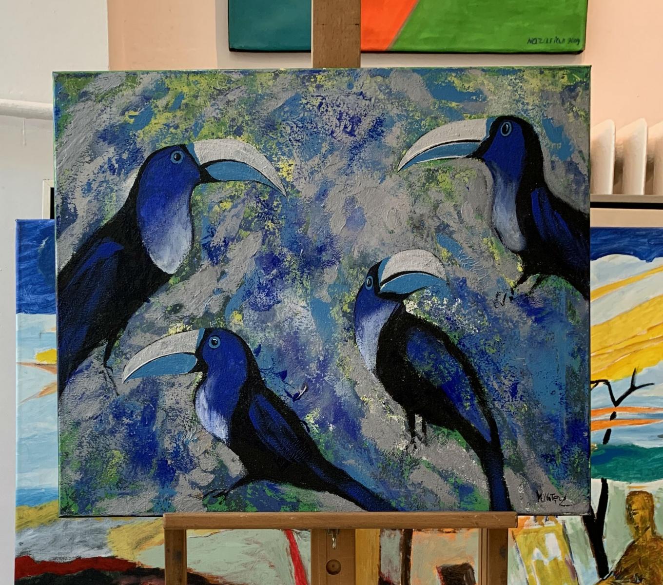 Jardines de las Delicias 3 - Pintura acrílica figurativa Animales Colores brillantes Pájaros - Painting de Magdalena Nałęcz