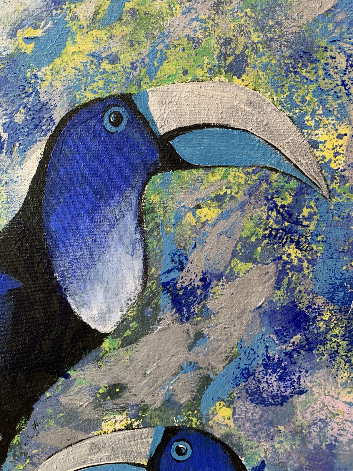 Jardines de las Delicias 3 - Pintura acrílica figurativa Animales Colores brillantes Pájaros - Figurative Painting Gris de Magdalena Nałęcz