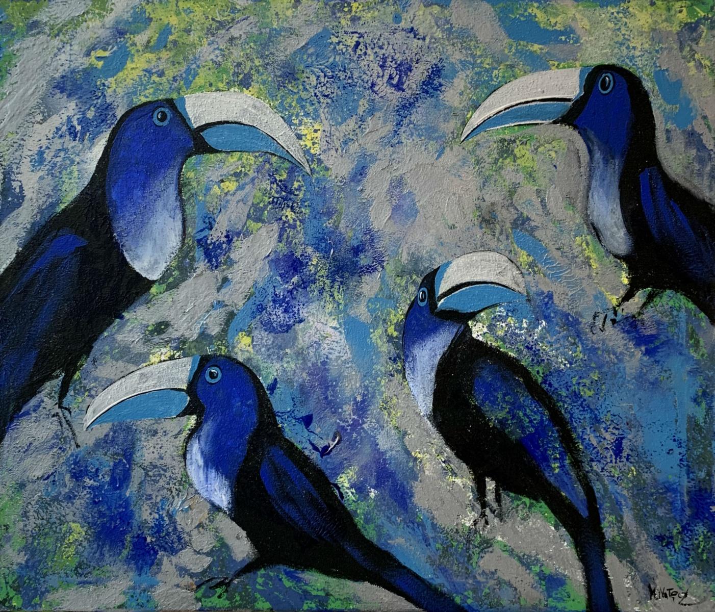 Gardens of Delight 3 - Figurative acrylic painting Animals Bright colours Birds