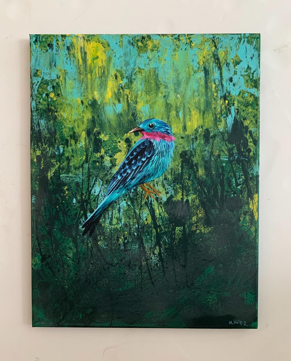 Jardins of Delight 33 - Peinture acrylique figurative - Animaux Couleurs vives Oiseaux - Painting de Magdalena Nałęcz