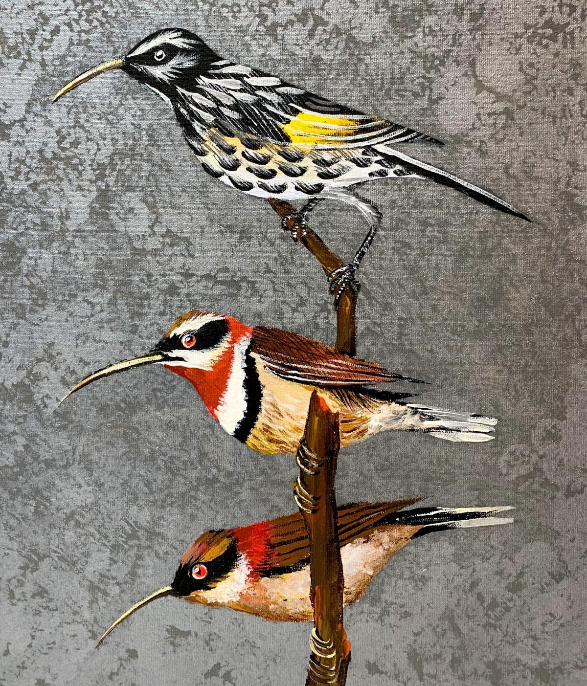 New Hollander Wabenvogel und Western Spinebill - Figurative, Acryl, Polnische Kunst – Painting von Magdalena Nałęcz