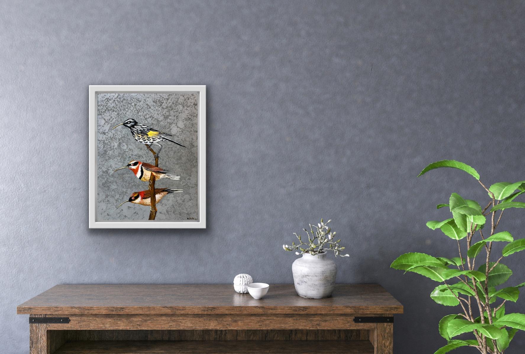 New Hollander Wabenvogel und Western Spinebill - Figurative, Acryl, Polnische Kunst (Grau), Animal Painting, von Magdalena Nałęcz