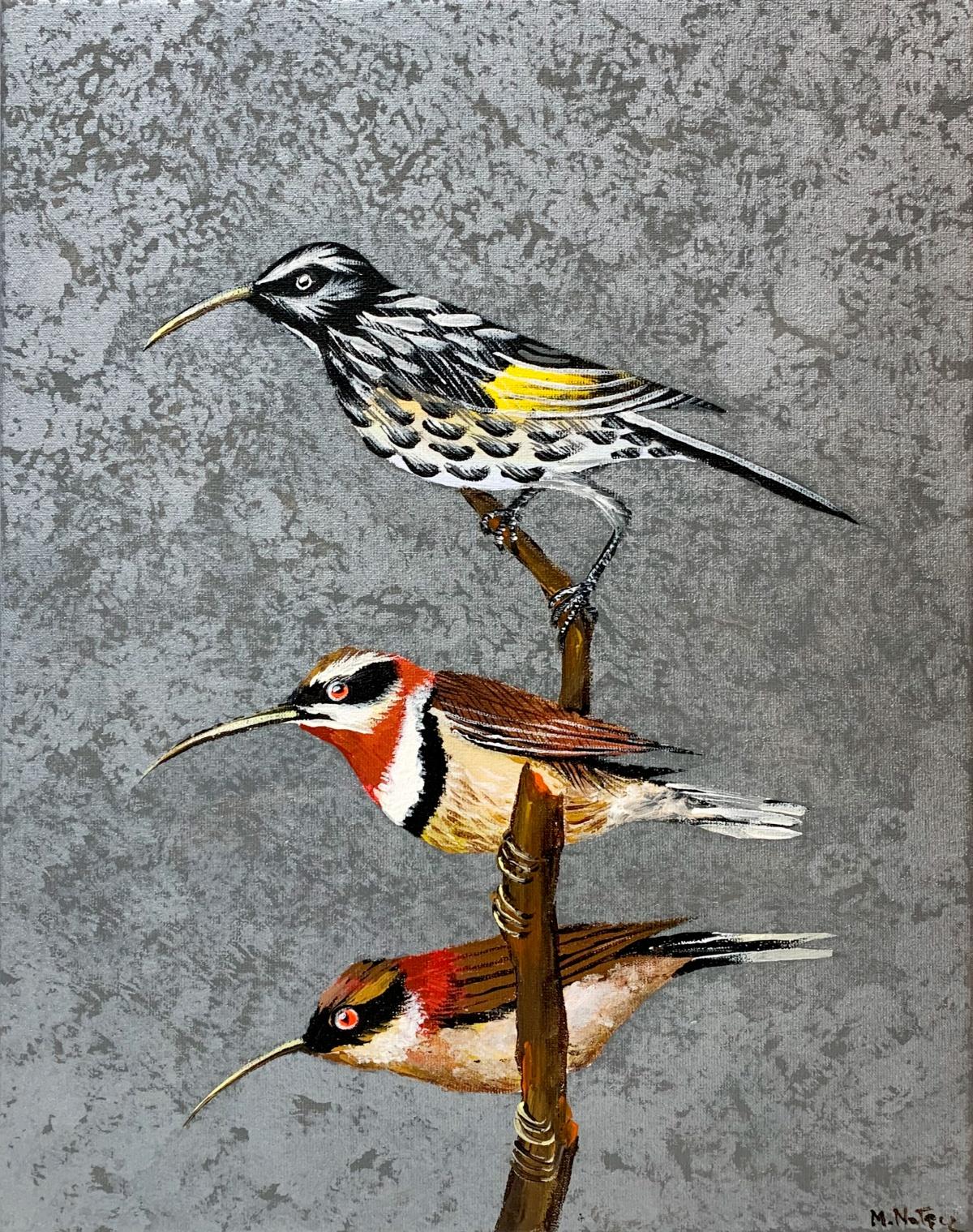 Magdalena Nałęcz Animal Painting – New Hollander Wabenvogel und Western Spinebill - Figurative, Acryl, Polnische Kunst