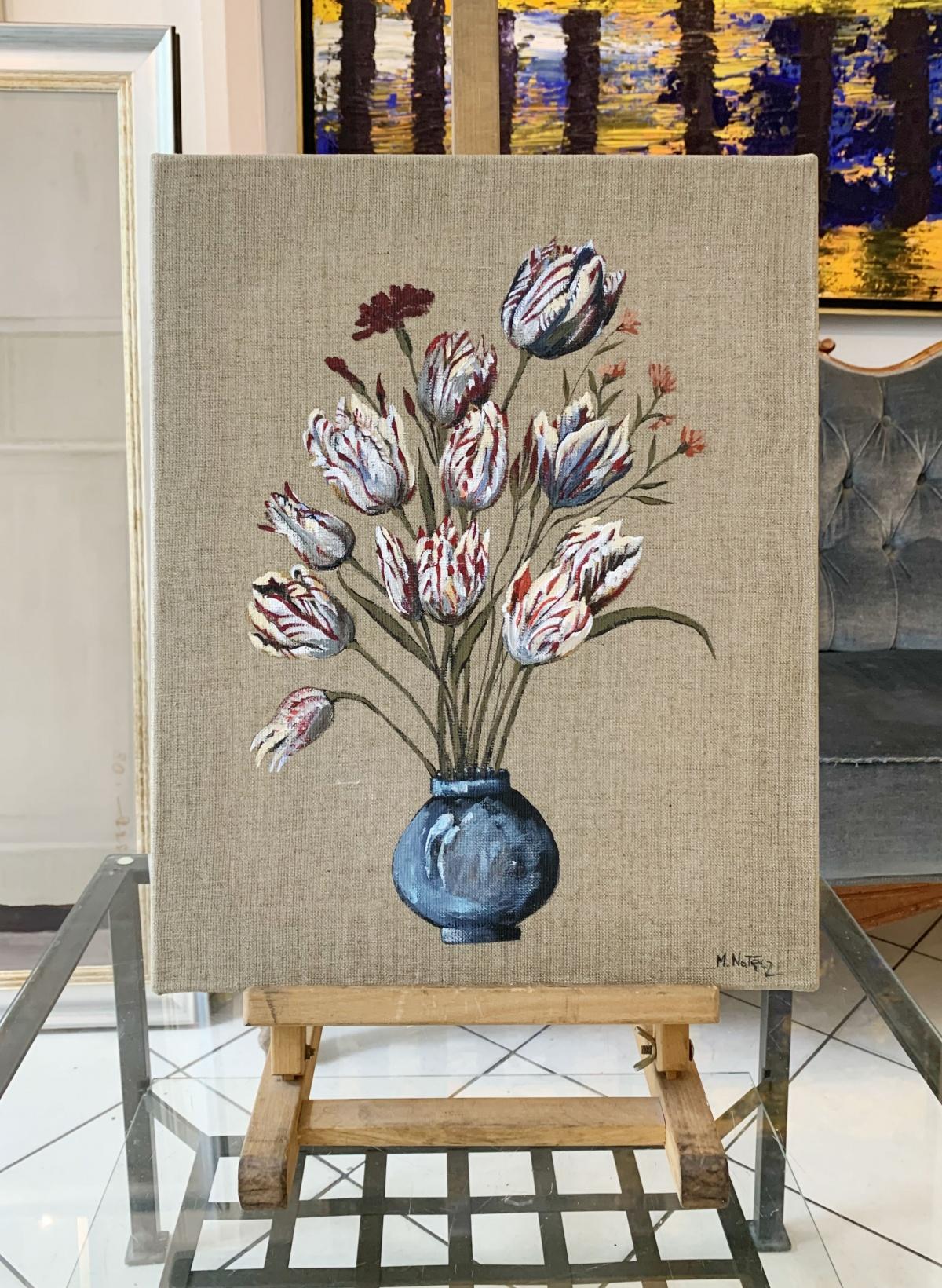 Tulips - Figurative acrylic painting, Realistic, Vibrant colors, Still life - Painting by Magdalena Nałęcz
