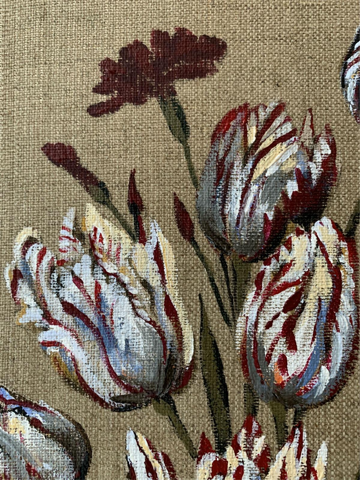 Tulips - Figurative acrylic painting, Realistic, Vibrant colors, Still life - Brown Figurative Painting by Magdalena Nałęcz