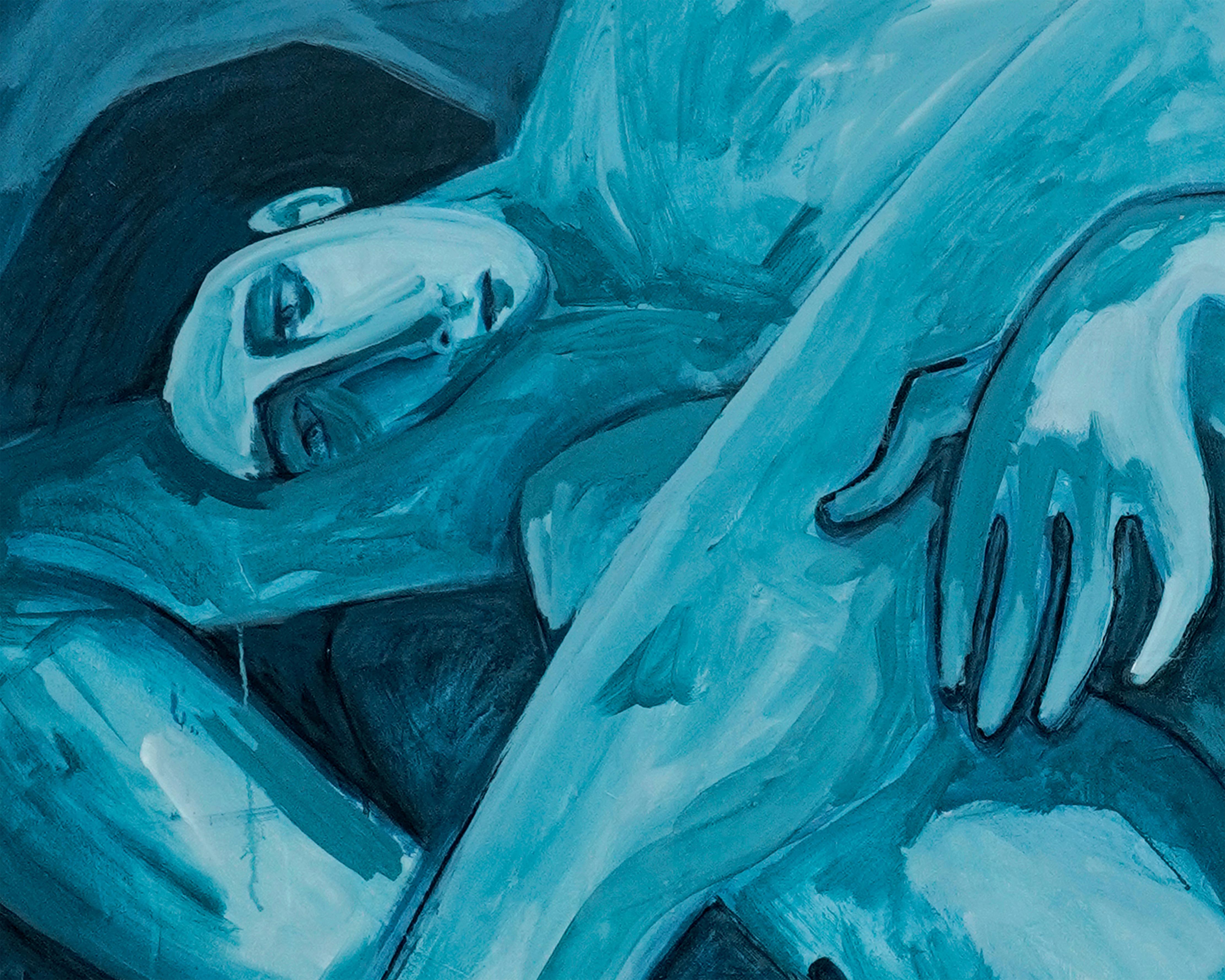 Cuidado! Las ideas son ladronas de sueños, abstract blue dream-like painting - Abstract Painting by Magdalena Paz