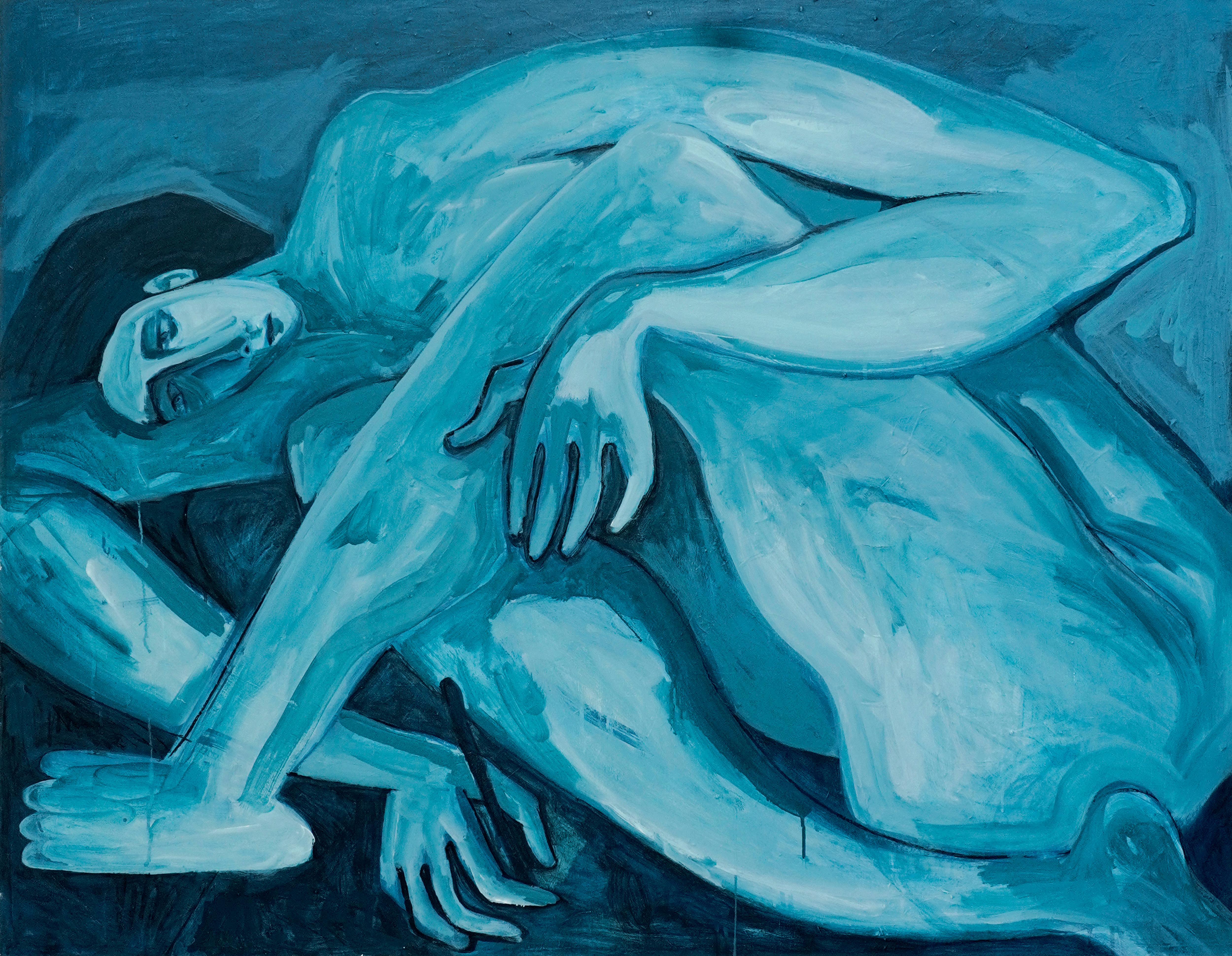 Cuidado! Las ideas son ladronas de sueños, abstract blue dream-like painting - Painting by Magdalena Paz