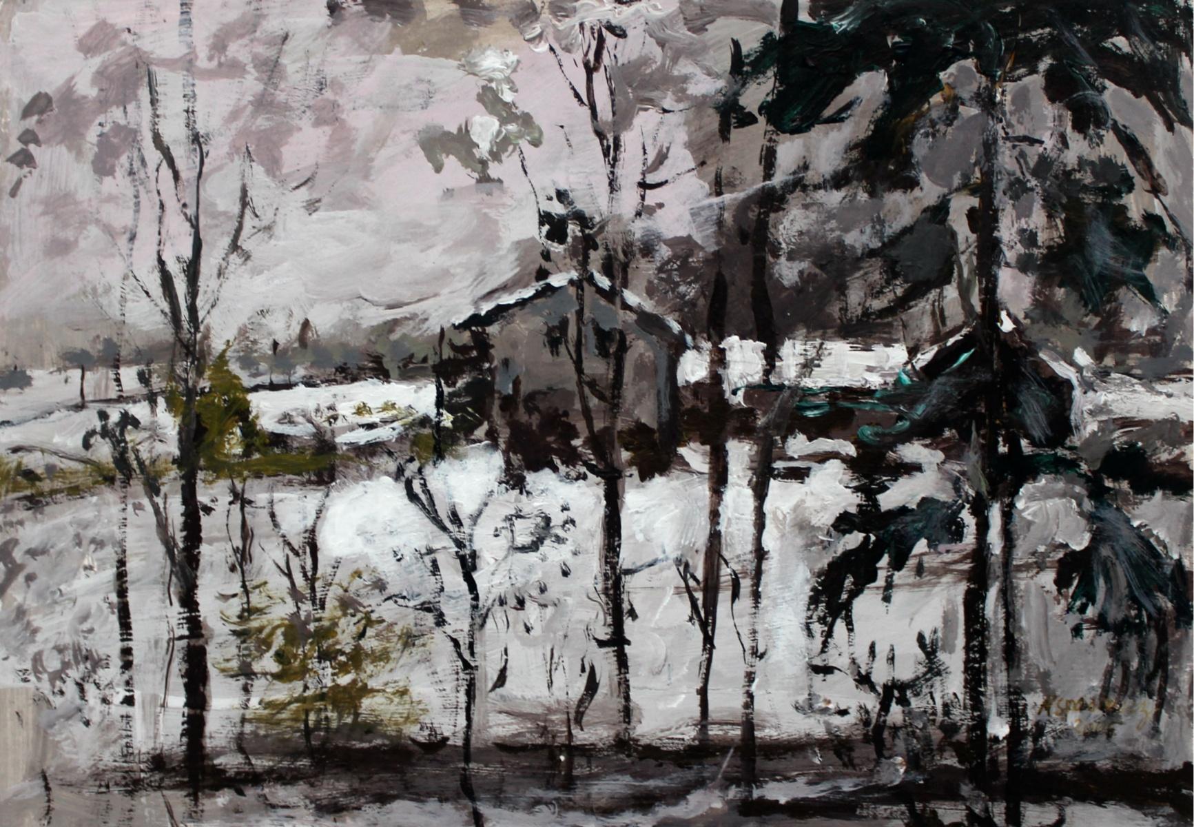 Landscape Painting de Magdalena Spasowicz - Una vista - Siglo XXI, Óleo sobre cartón, Figurativo, Paisaje