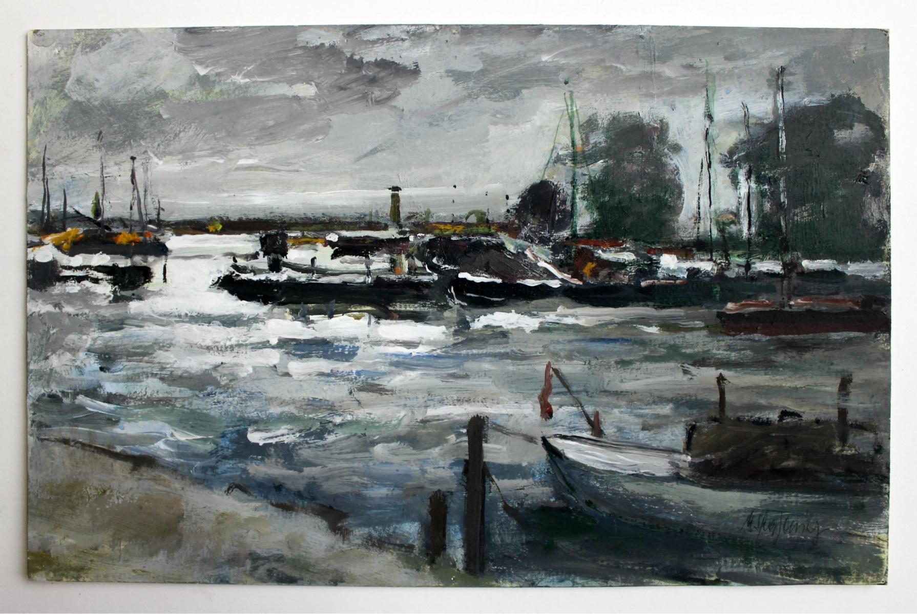 Boats - Oil painting, Figurative, Landscape, Muted colors, Impressionism - Painting by Magdalena Spasowicz