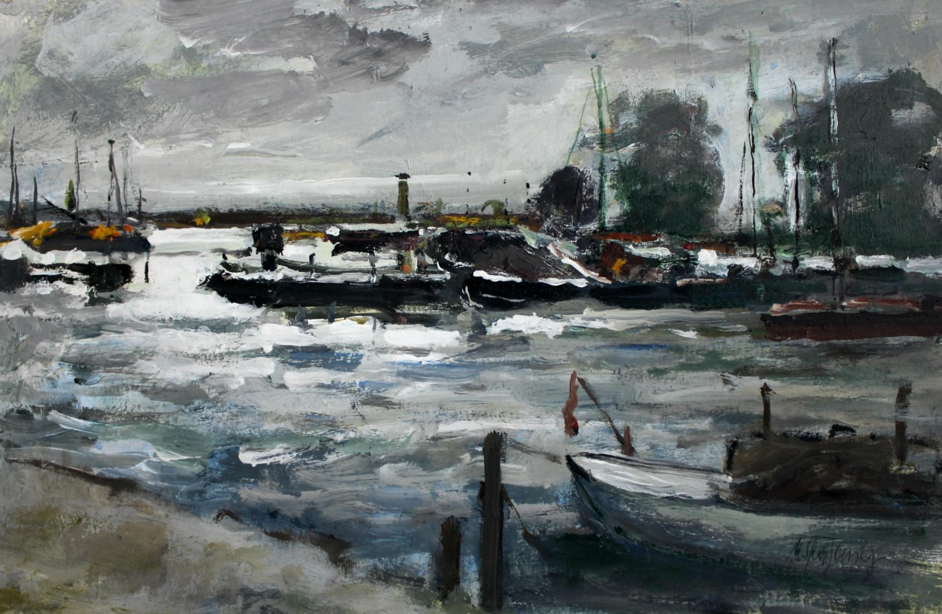 Boote – Ölgemälde, figürlich, Landschaft, gedämpfte Farben, Impressionismus