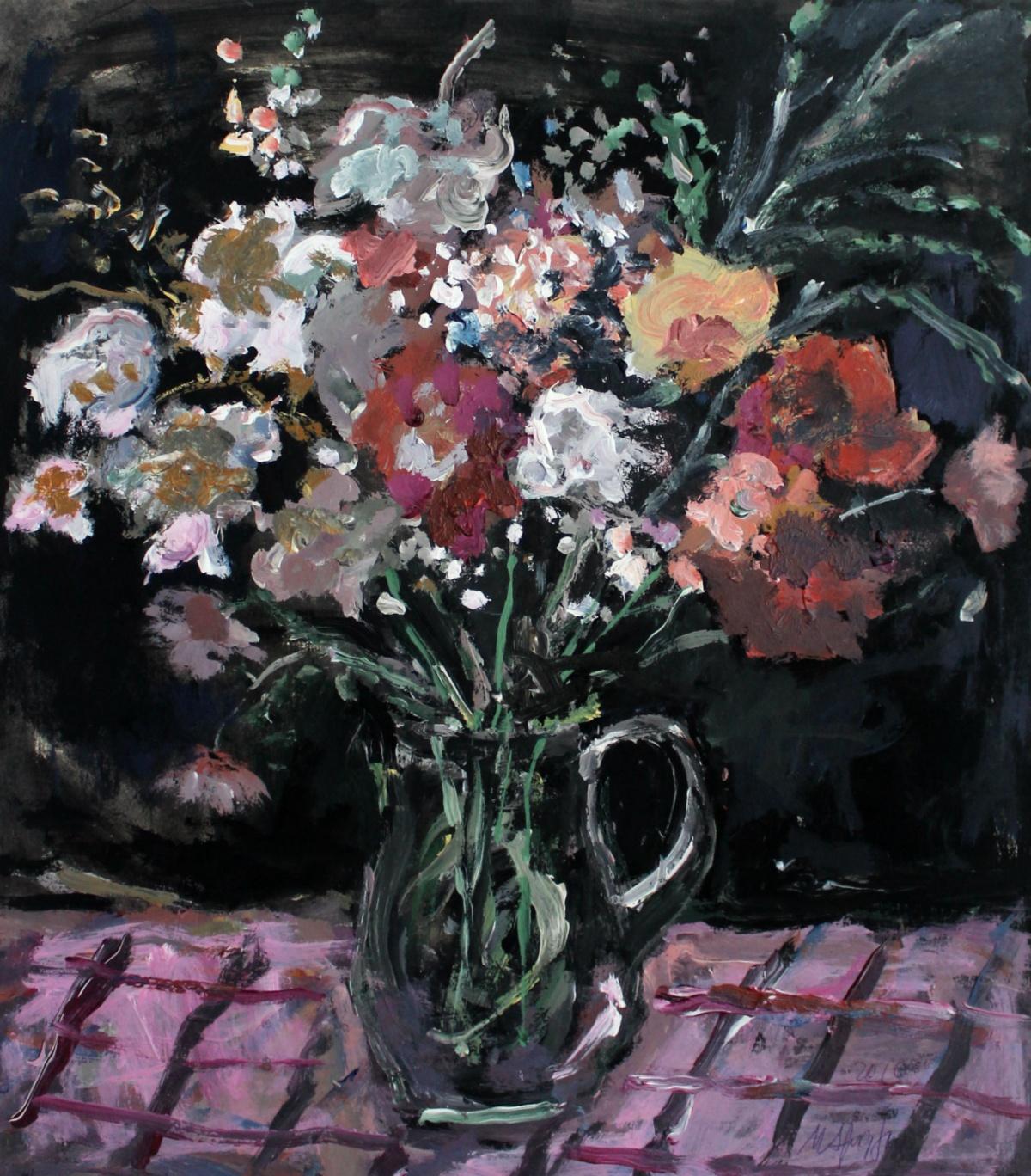 Bouquet - XXI century, Oil painting, Figurative, Grey tones, Still life