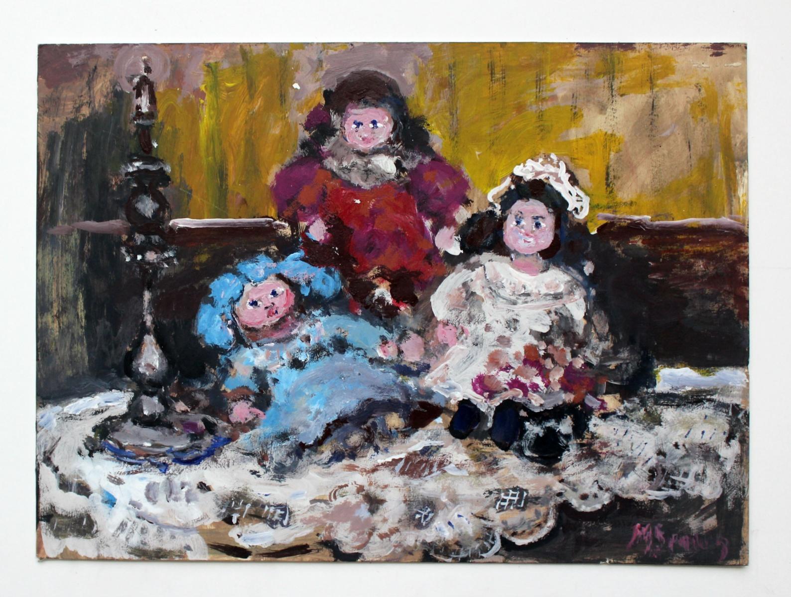 Dolls - 21 century, Oil painting, Figurative, Grey tones, Still life - Painting by Magdalena Spasowicz