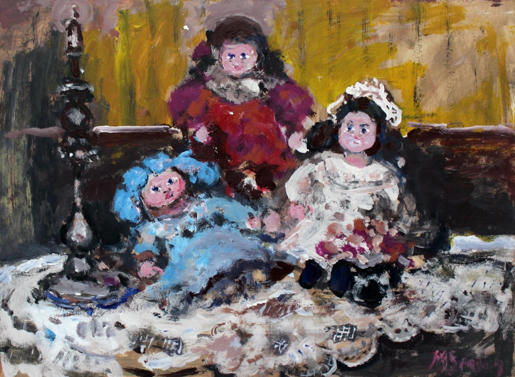 Magdalena Spasowicz Figurative Painting - Dolls - 21 century, Oil painting, Figurative, Grey tones, Still life