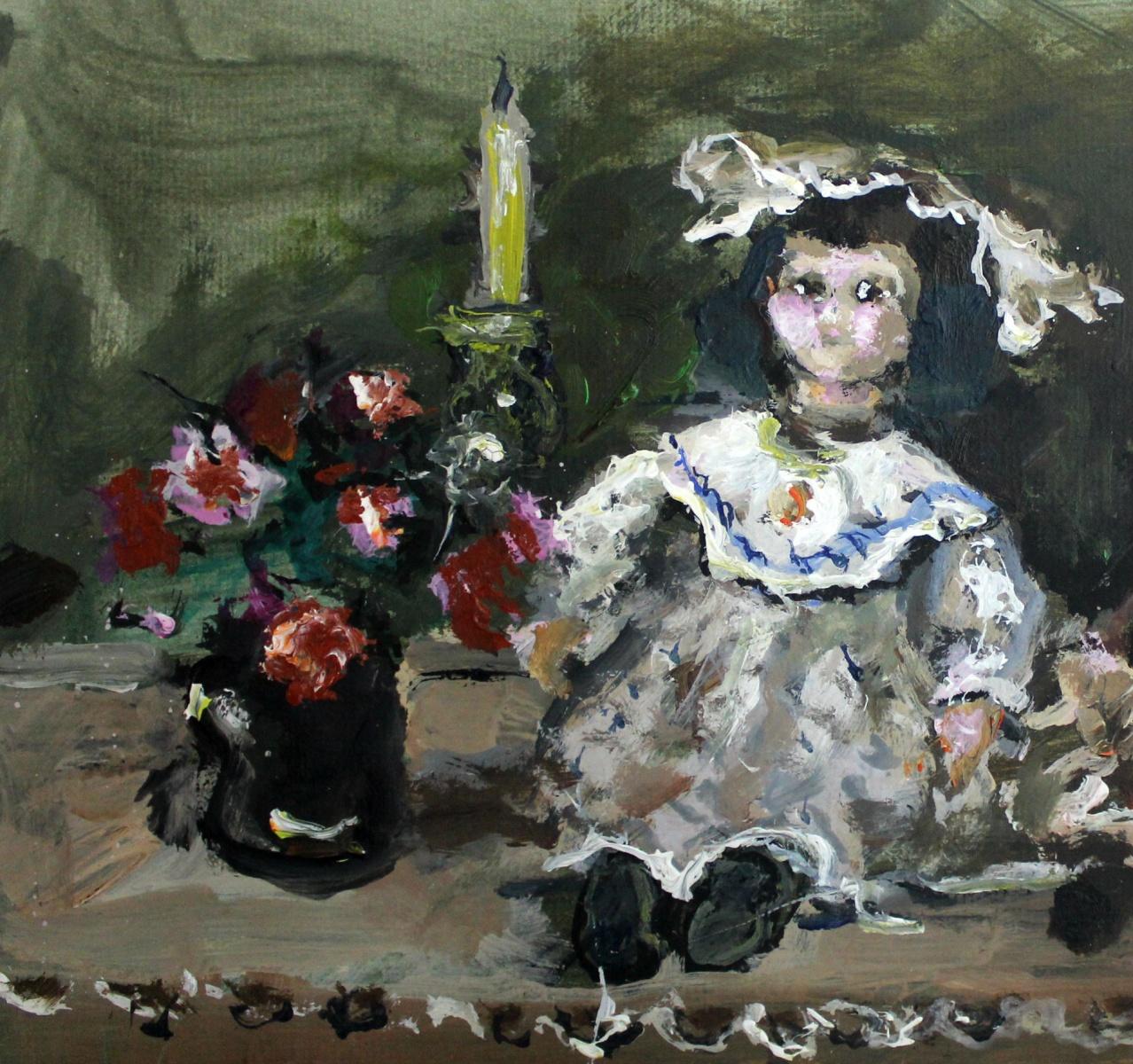 Dolls - 21st century, Oil painting, Figurative, Grey tones, Still life - Other Art Style Painting by Magdalena Spasowicz