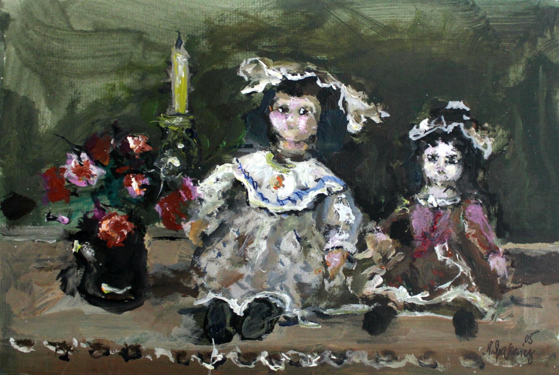 Peinture à l'huile - Poupées - XXIe siècle, Figuratif, tons gris, nature morte