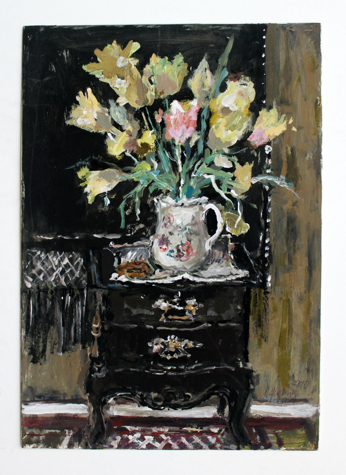 Blumen – 21. Jahrhundert, Ölgemälde, figürlich, graue Töne, Stillleben – Painting von Magdalena Spasowicz