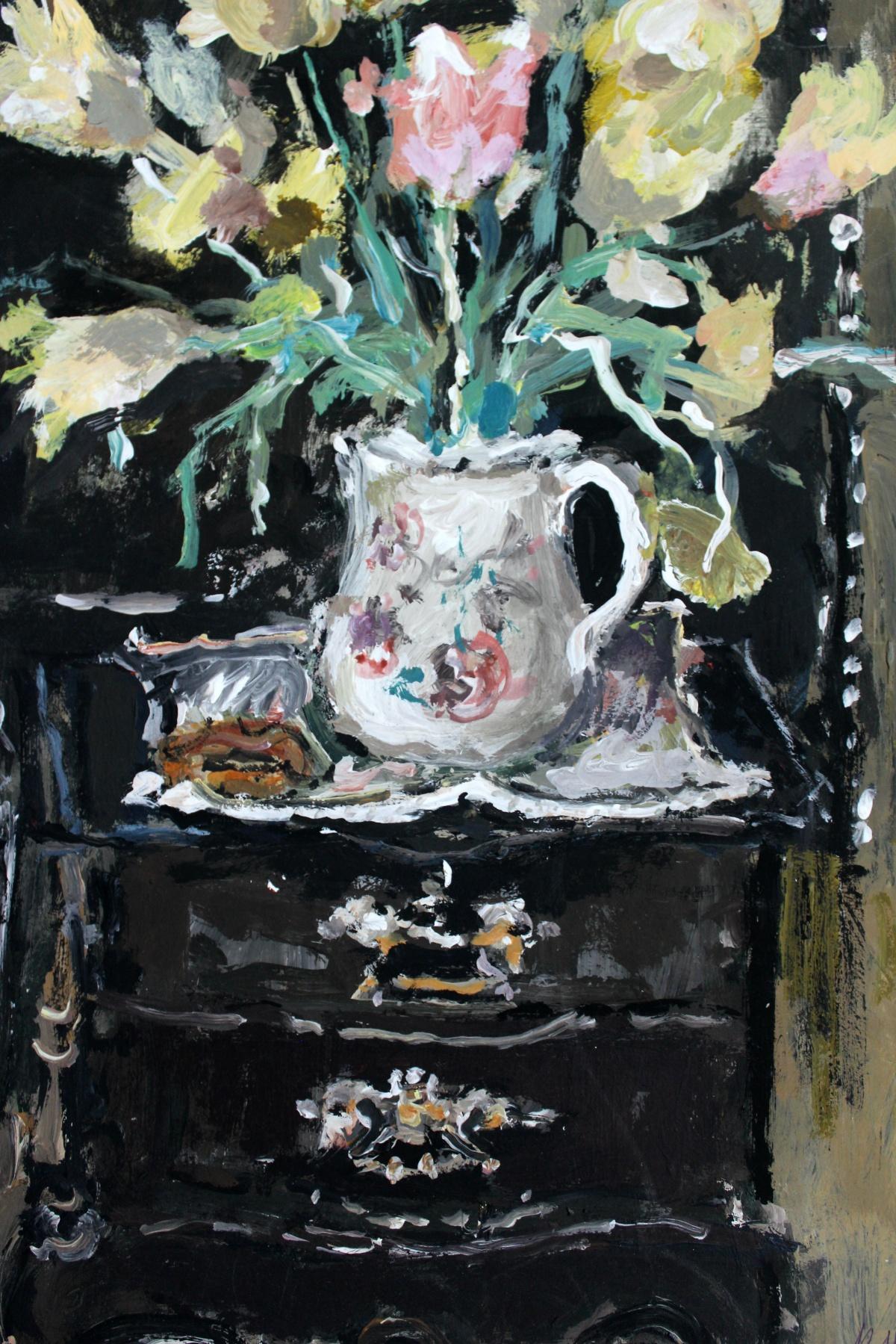 Blumen – 21. Jahrhundert, Ölgemälde, figürlich, graue Töne, Stillleben (Sonstige Kunststile), Painting, von Magdalena Spasowicz