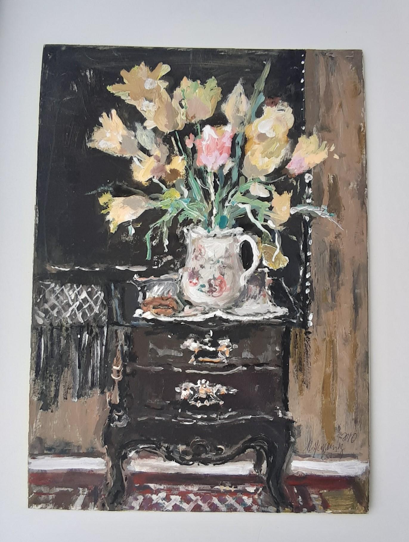 Blumen – 21. Jahrhundert, Ölgemälde, figürlich, graue Töne, Stillleben (Schwarz), Figurative Painting, von Magdalena Spasowicz