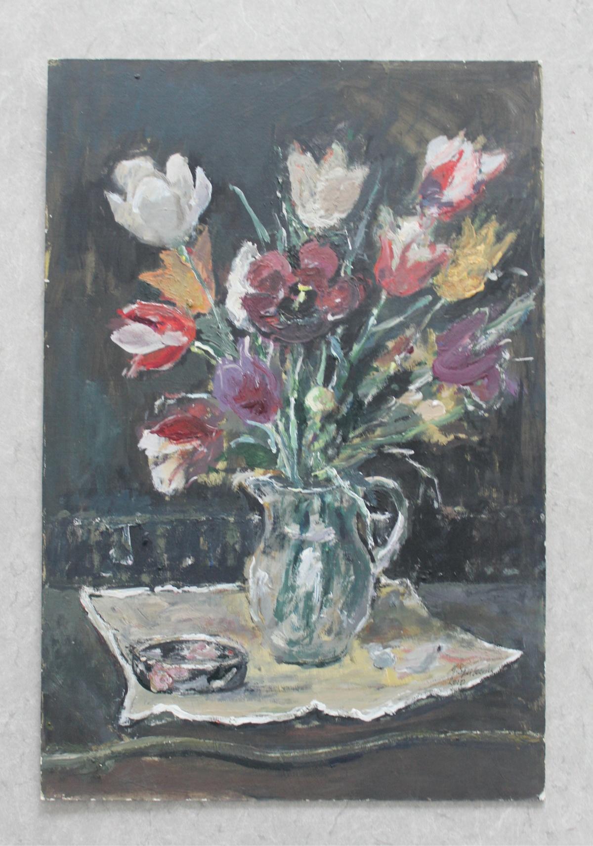 Flowers - XXI century, Oil painting, Figurative, Grey tones, Still life - Painting by Magdalena Spasowicz