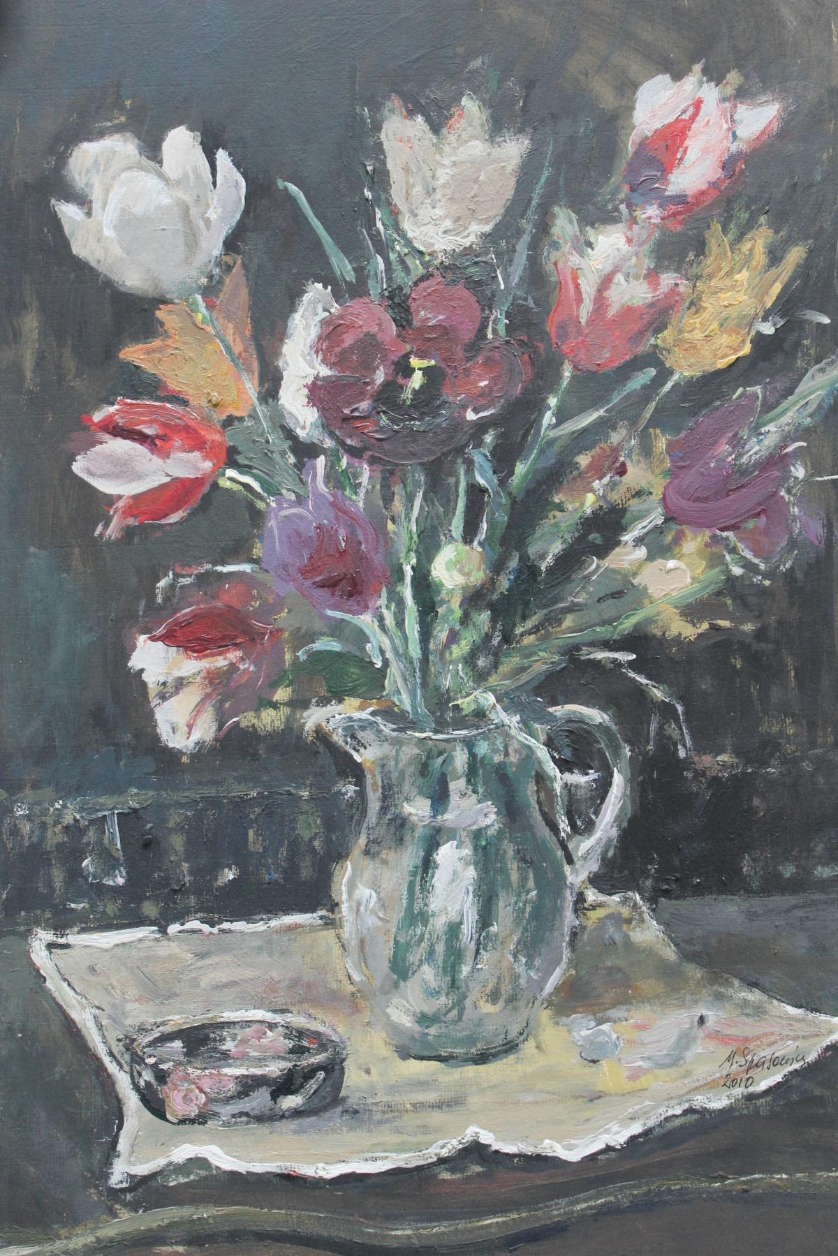 Blumen – 21. Jahrhundert, Ölgemälde, figürlich, graue Töne, Stillleben (Sonstige Kunststile), Painting, von Magdalena Spasowicz