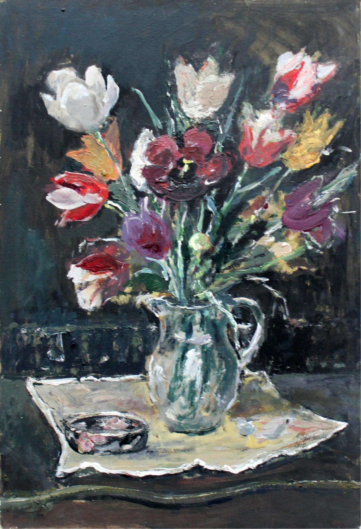 Magdalena Spasowicz Figurative Painting – Blumen – 21. Jahrhundert, Ölgemälde, figürlich, graue Töne, Stillleben