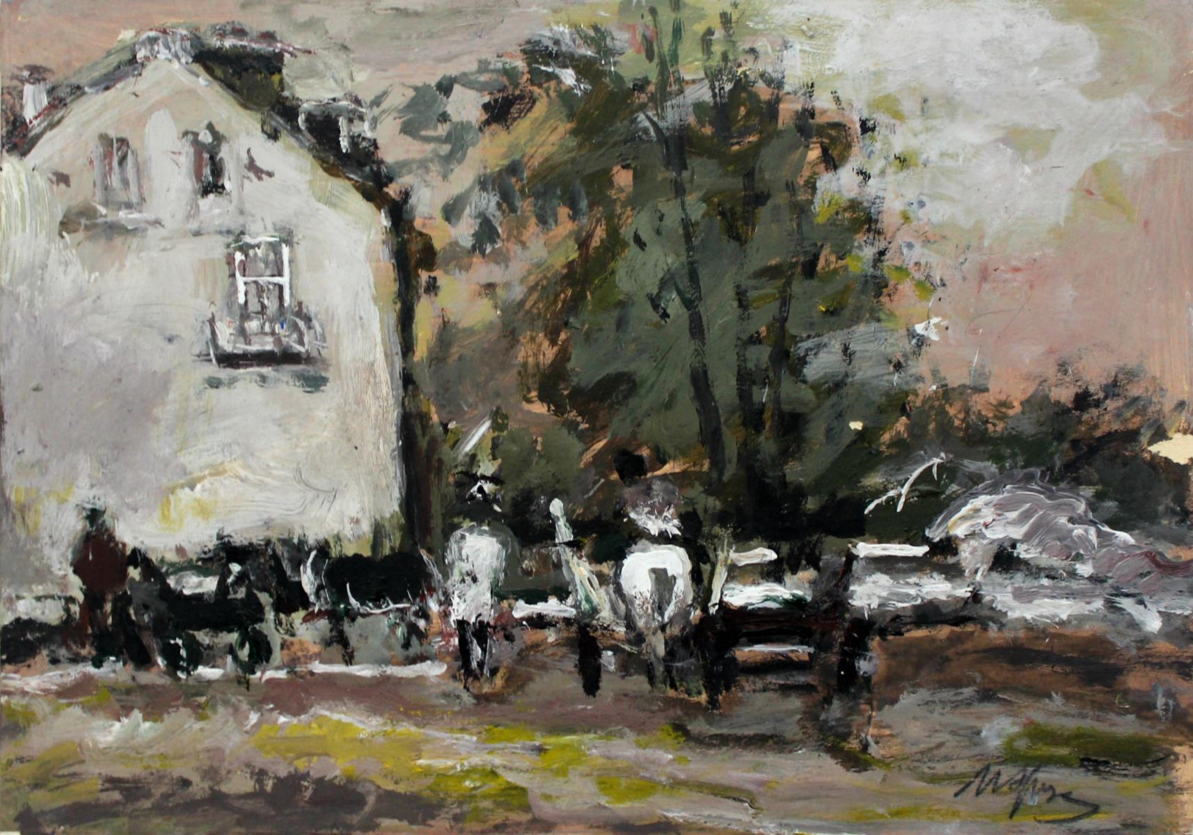 House - XXI century, Oil on cardboard, Figurative, Landscape