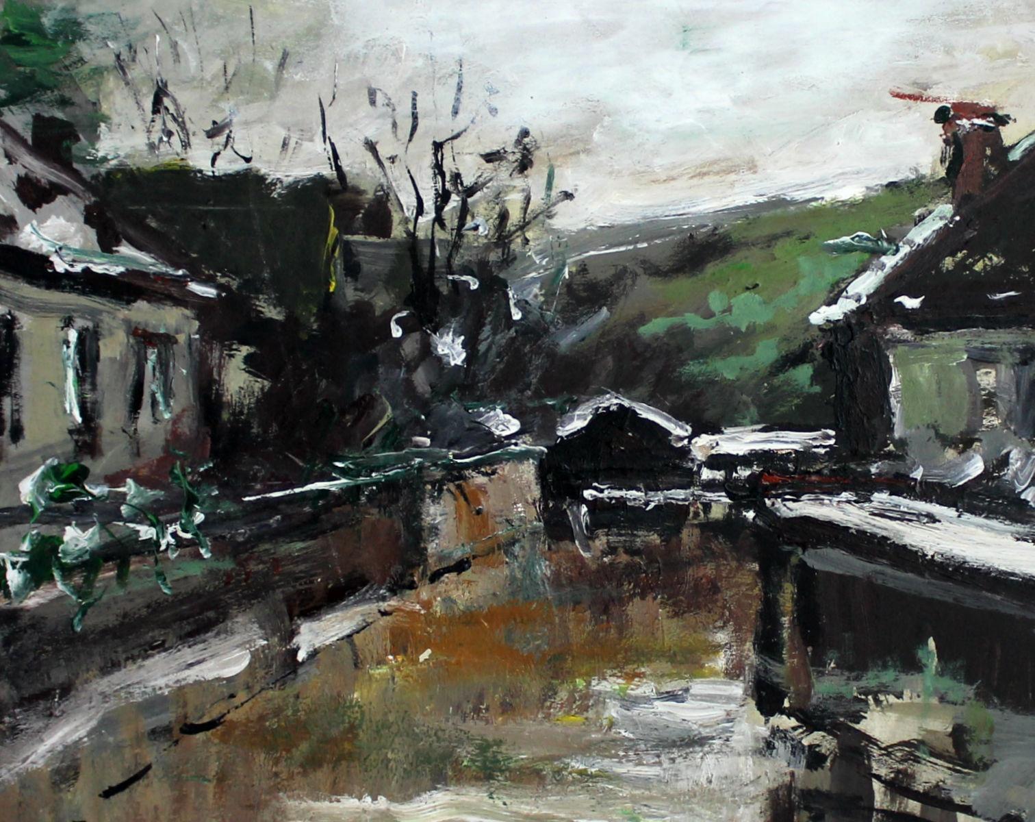 Houses - XXI century, Oil on cardboard, Figurative, Landscape - Other Art Style Painting by Magdalena Spasowicz
