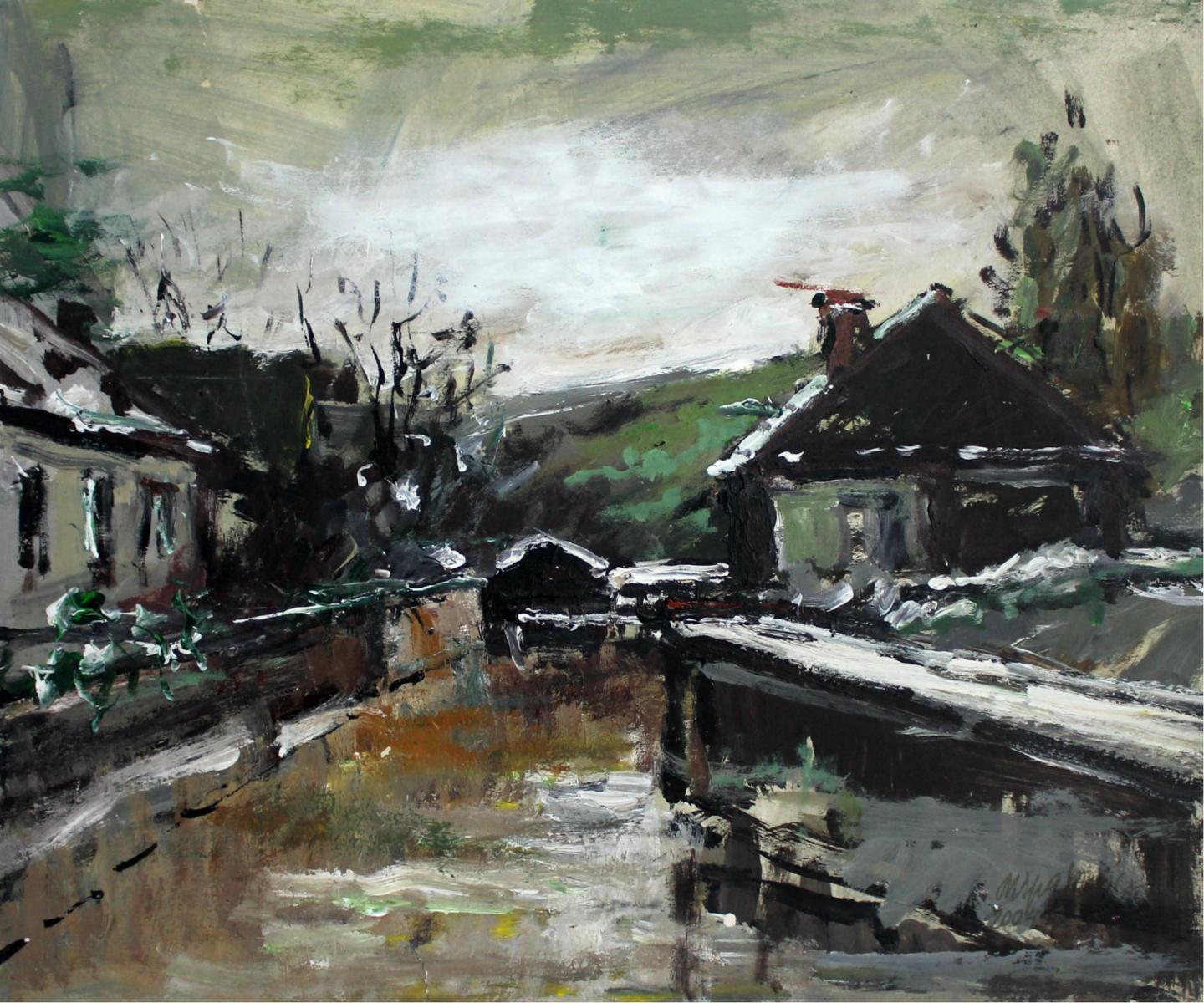 Houses - XXI century, Oil on cardboard, Figurative, Landscape