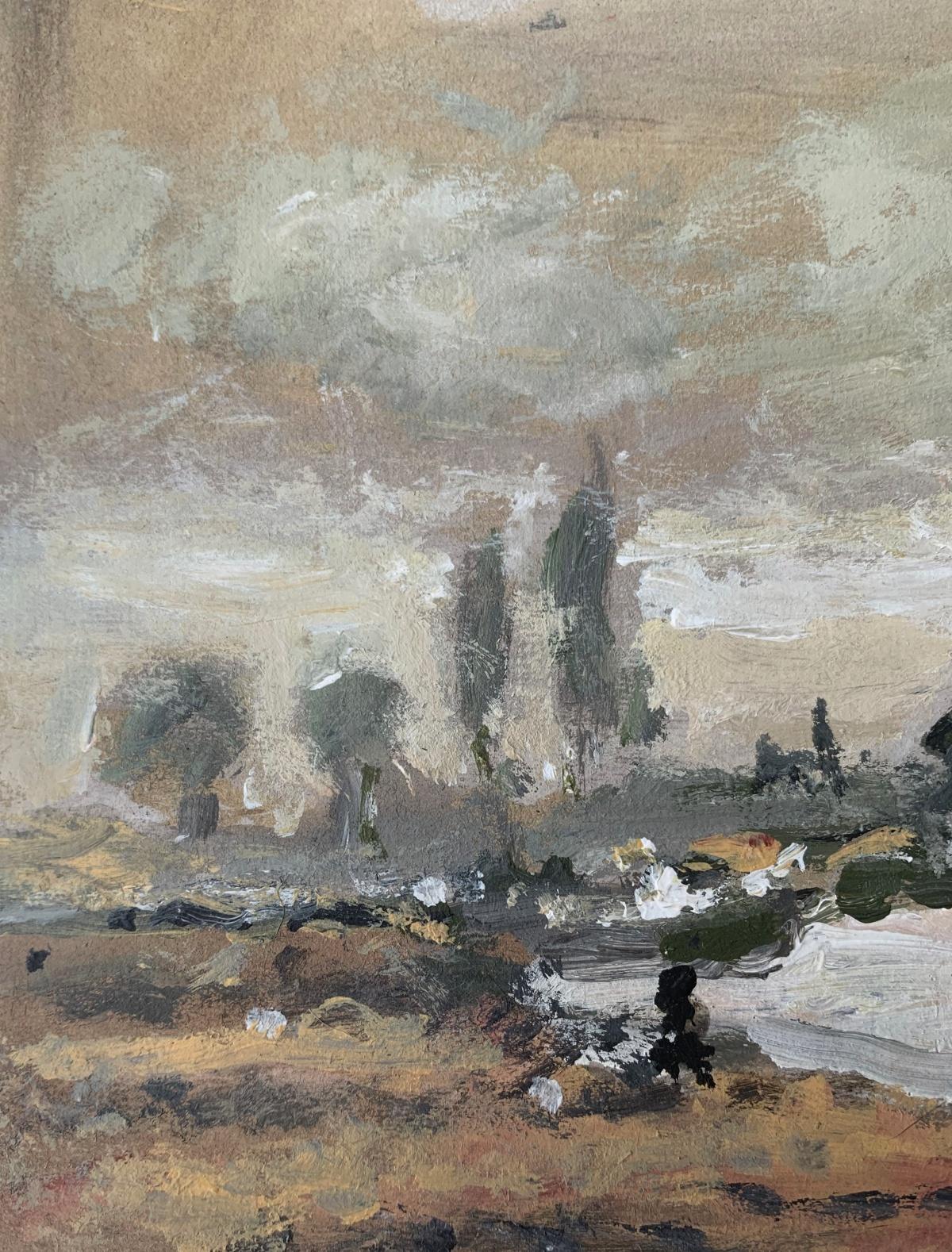 Landscape by the river. Oil on cardboard, Figurative, Polish art - Painting by Magdalena Spasowicz
