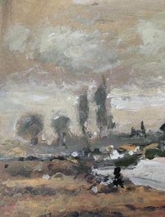 Paisaje junto al río. Óleo sobre cartón, Figurativo, Arte polaco