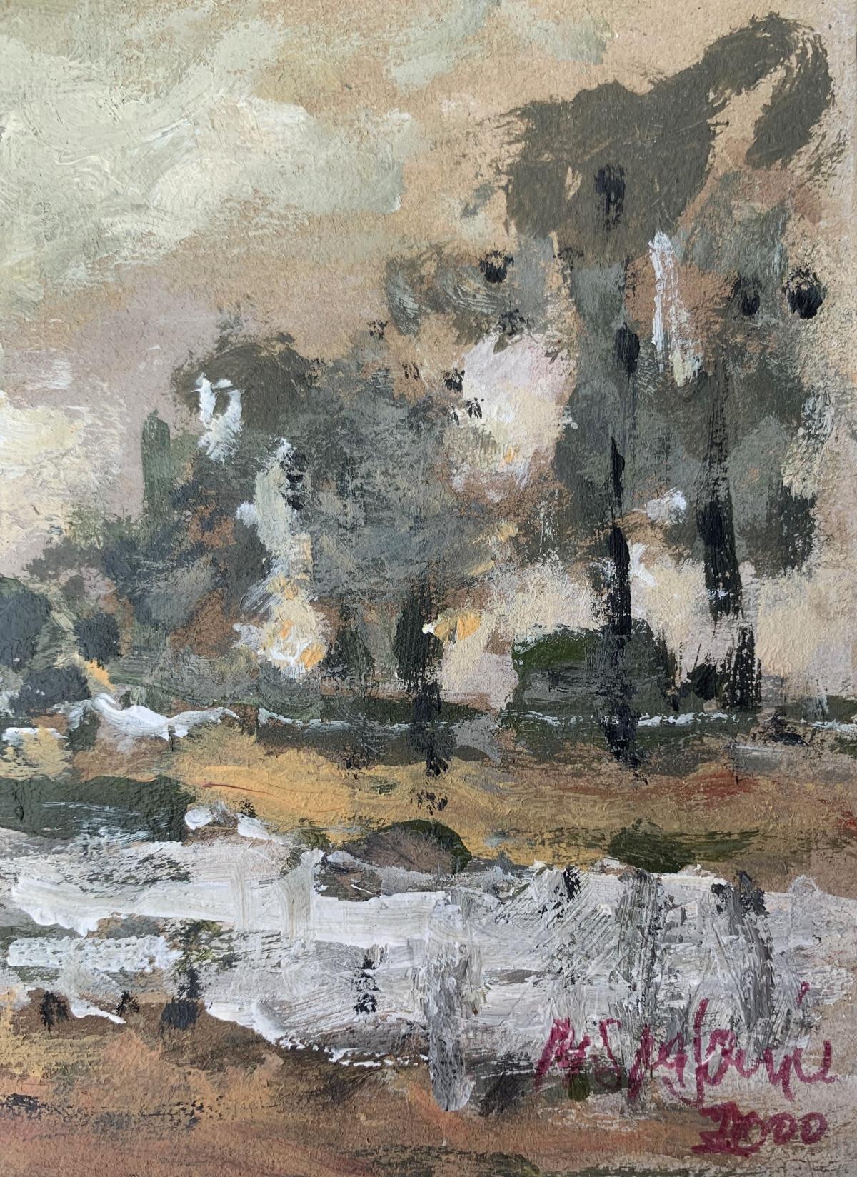 Landscape by the river. Oil on cardboard, Figurative, Polish art - Post-Impressionist Painting by Magdalena Spasowicz