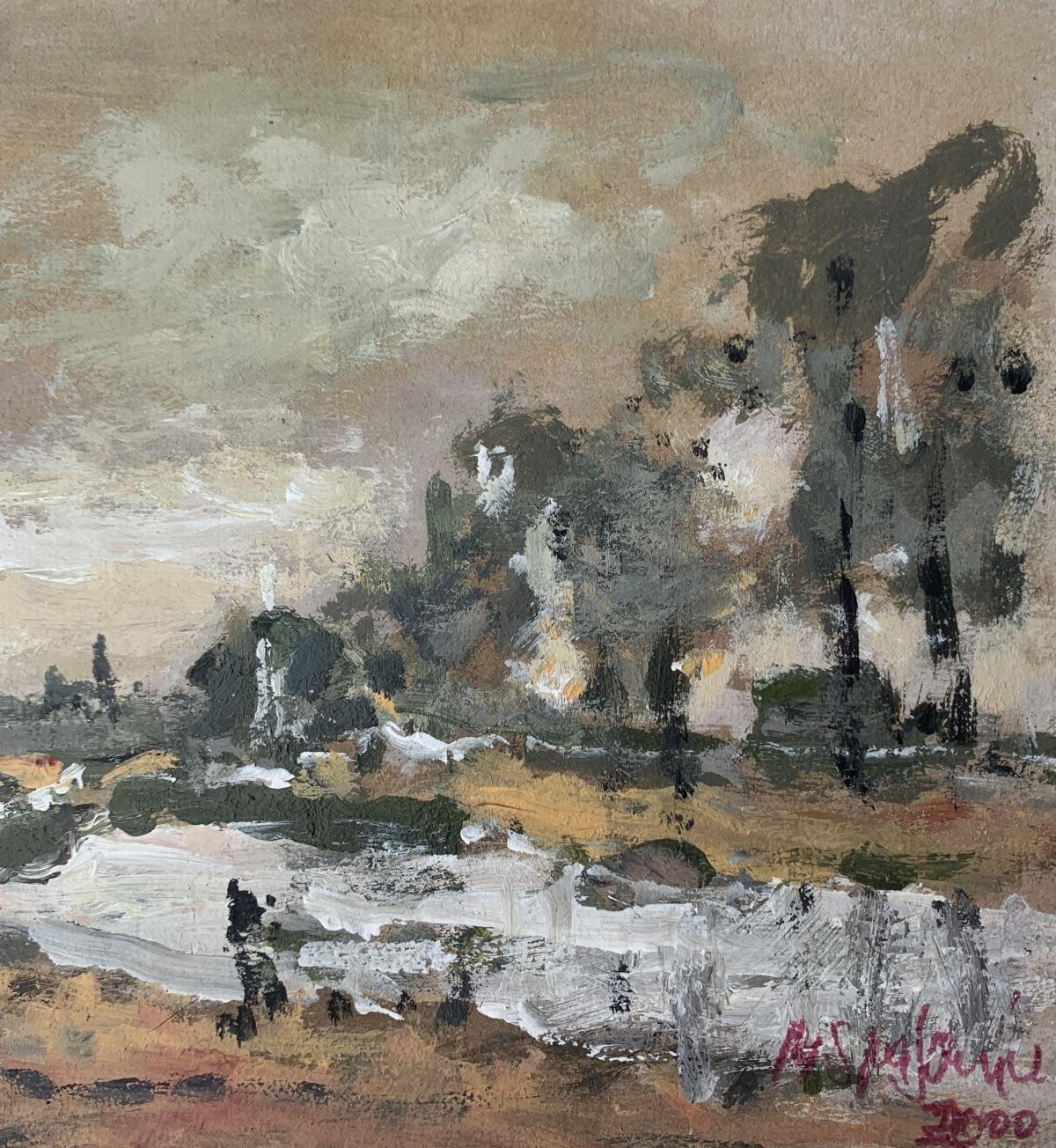Landscape by the river. Oil on cardboard, Figurative, Polish art - Gray Figurative Painting by Magdalena Spasowicz