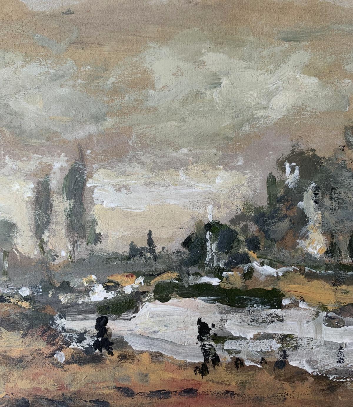 20th century figurative landscape oil on canvas on cardboard painting by Polish artist Magdalena Spasowicz. Artwork is in classic style, it resembles impressionism. Composition is painted with wide brush strokes. Colors are muted. Artwork depicts a