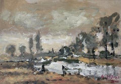 Landscape by the river. Oil on cardboard, Figurative, Polish art