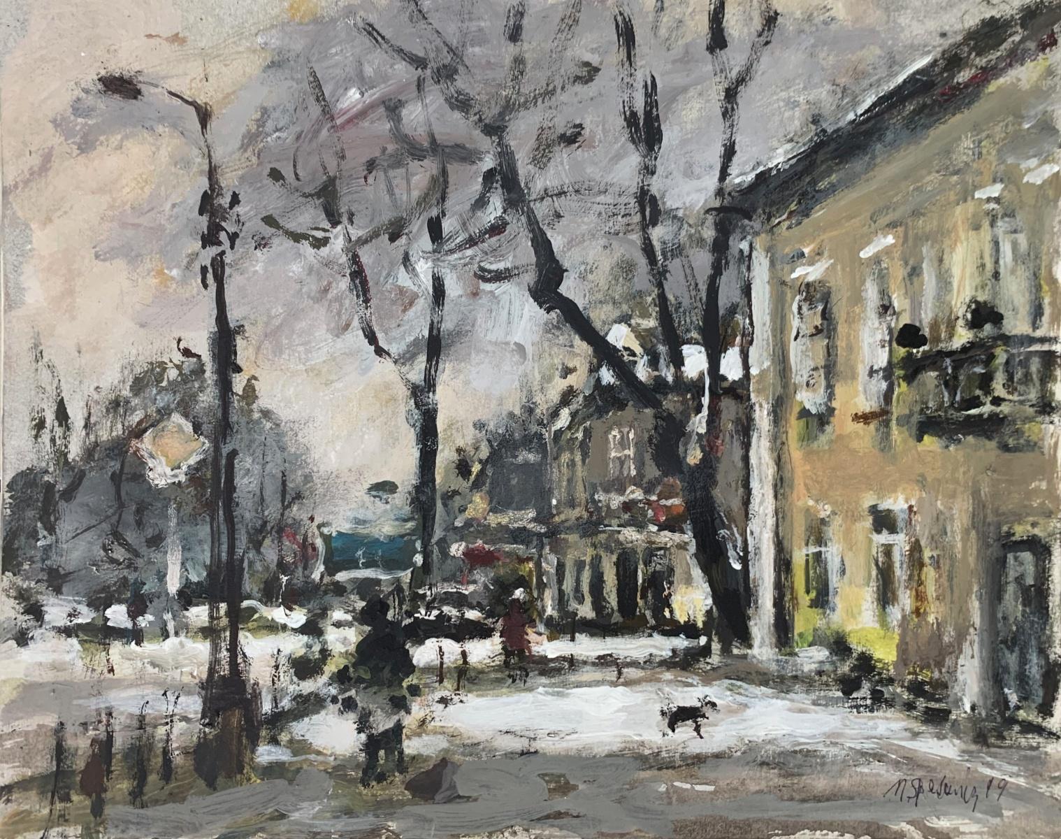 Landscape. Oil on cardboard, Figurative, Architecture, Muted colors, Polish art
