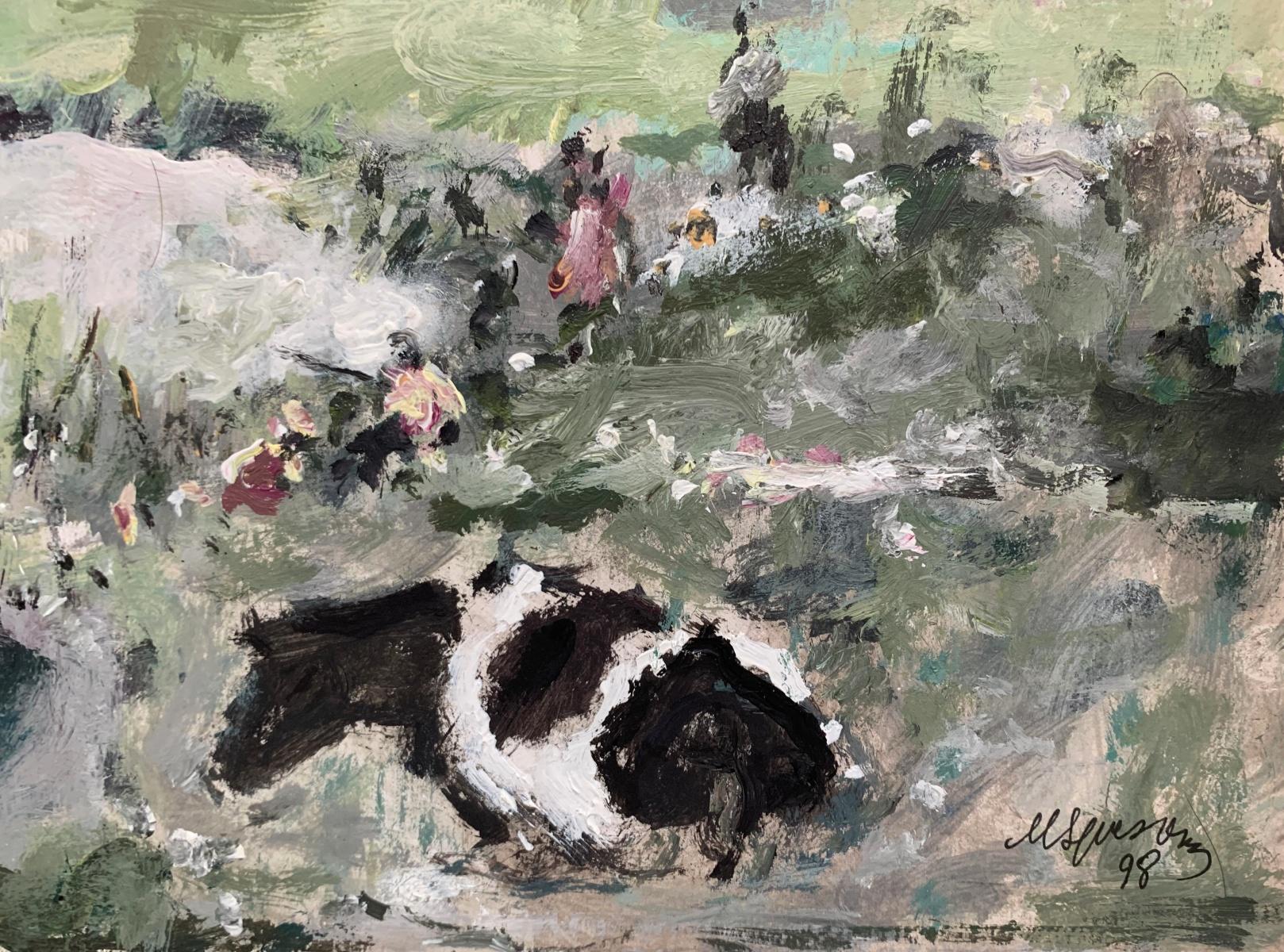 Paesaggio con mucca. Olio su cartone, Figurativo, Nature, Arte polacca - Painting di Magdalena Spasowicz