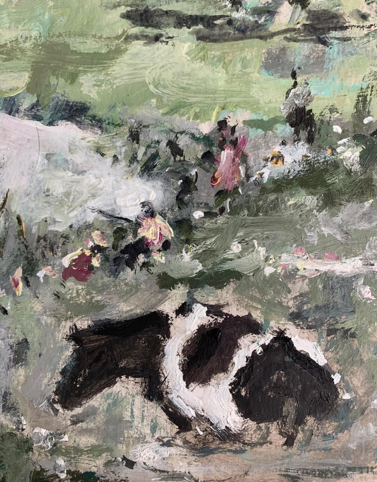 Paesaggio con mucca. Olio su cartone, Figurativo, Nature, Arte polacca - Landscape Painting Grigio di Magdalena Spasowicz