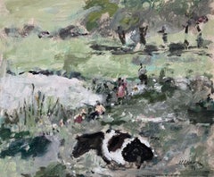 Paisaje con una vaca. Óleo sobre cartón, Figurativo, Naturaleza, Arte polaco